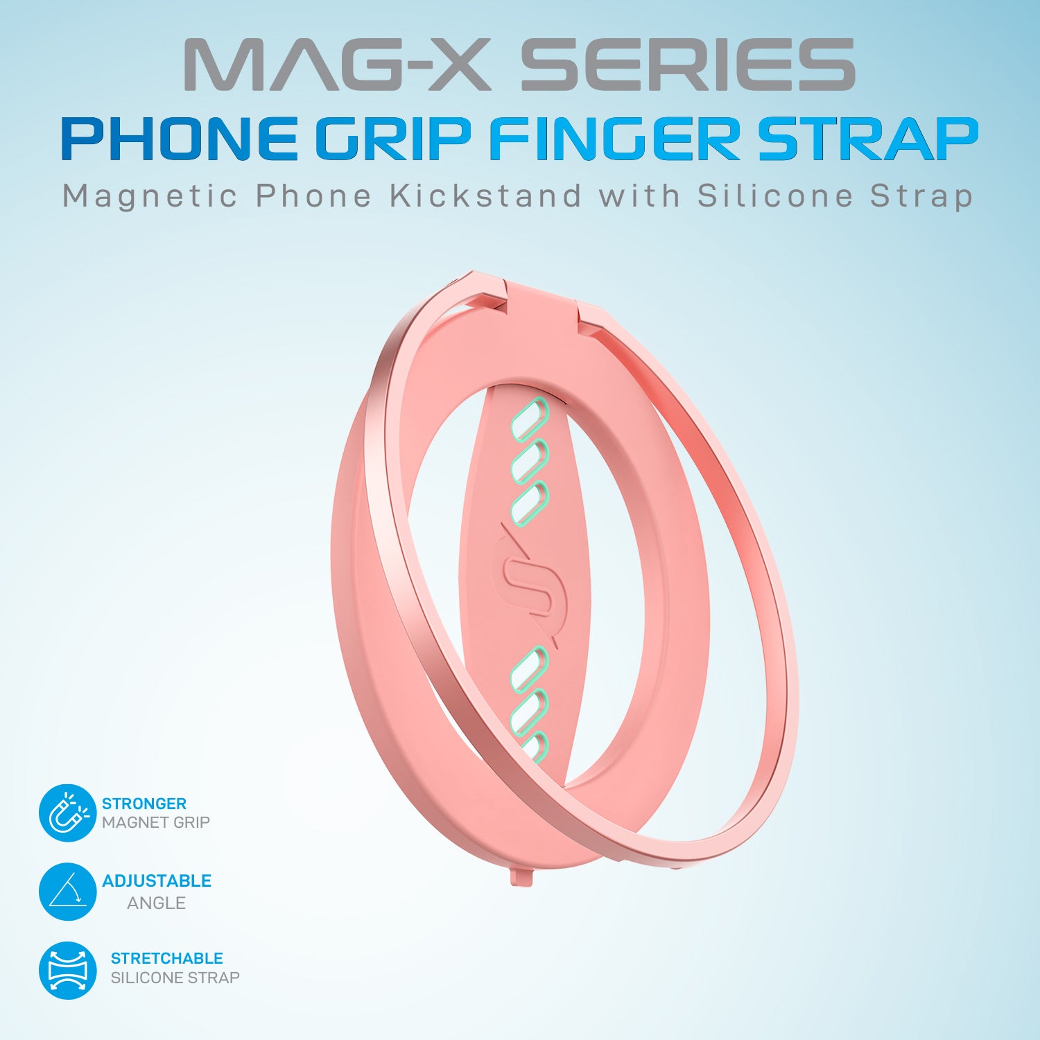 Remson Mag-X Phone Grip Finger Strap Magnetic Phone Kickstand with Silicone Strap Compatible for iPhone 14, 13 Pro/Max/Plus (Pink/Teal)