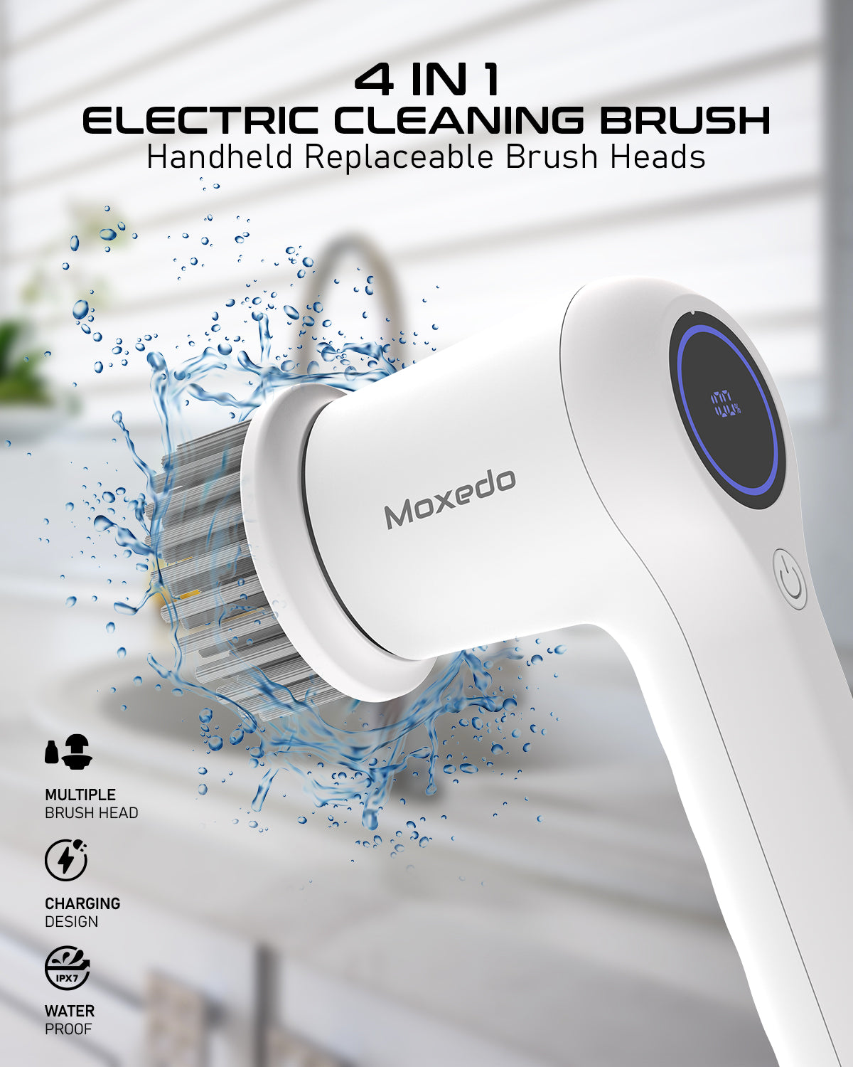 Moxedo 4 IN 1 Electric Cleaning Brush Cordless Handheld Spin Scrubber 2 Adjustable Speed with 4 Replaceable Brush Heads