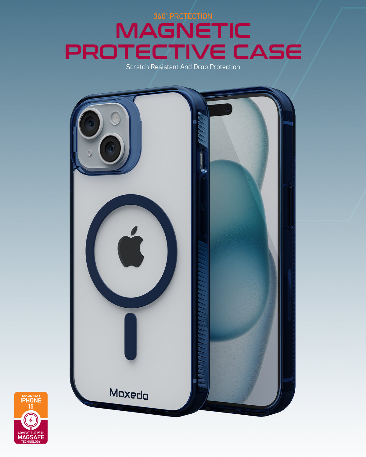 Moxedo Magnetic Protective Case 360 Protection Clear Case Hard PC with Built-in Strong Magnets for iPhone 15 6.1 inch (Blue)