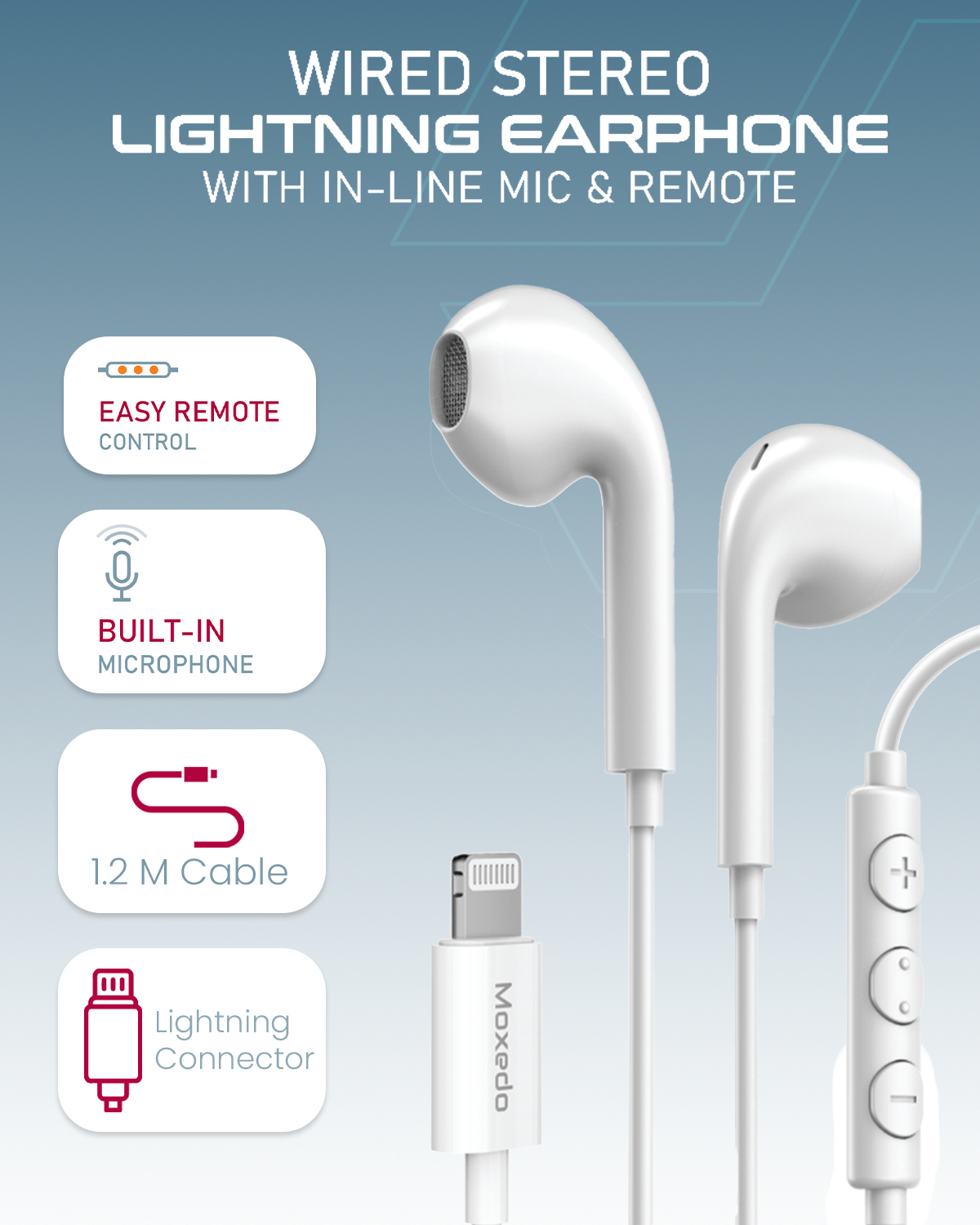 Moxedo Wired Stereo Lightning Earphone with In-Line Remote, Built-in Microphone Compatible for iPhone 14/13/12/11 Pro Max/X/XS Max/XR (White)