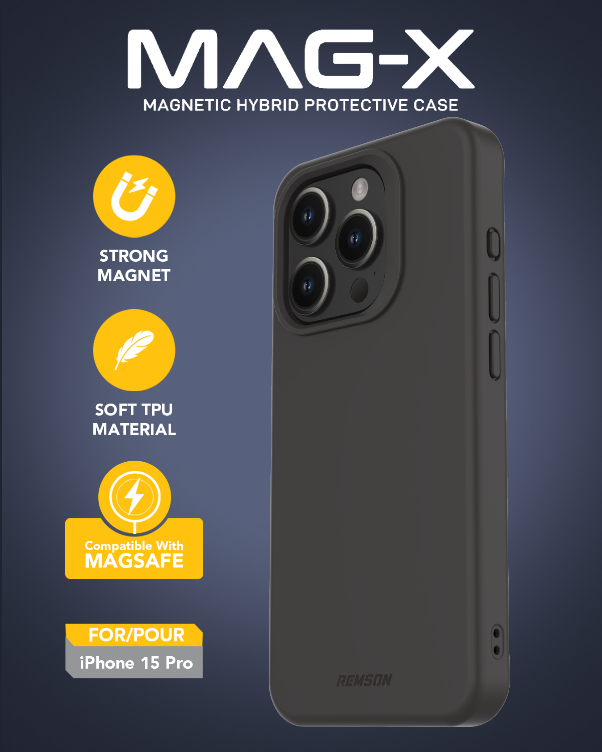 Remson Mag-X Magnetic Hybrid Protective Silicone Case Military Grade Protection Compatible for iPhone 15 Pro 6.1 inches - Black