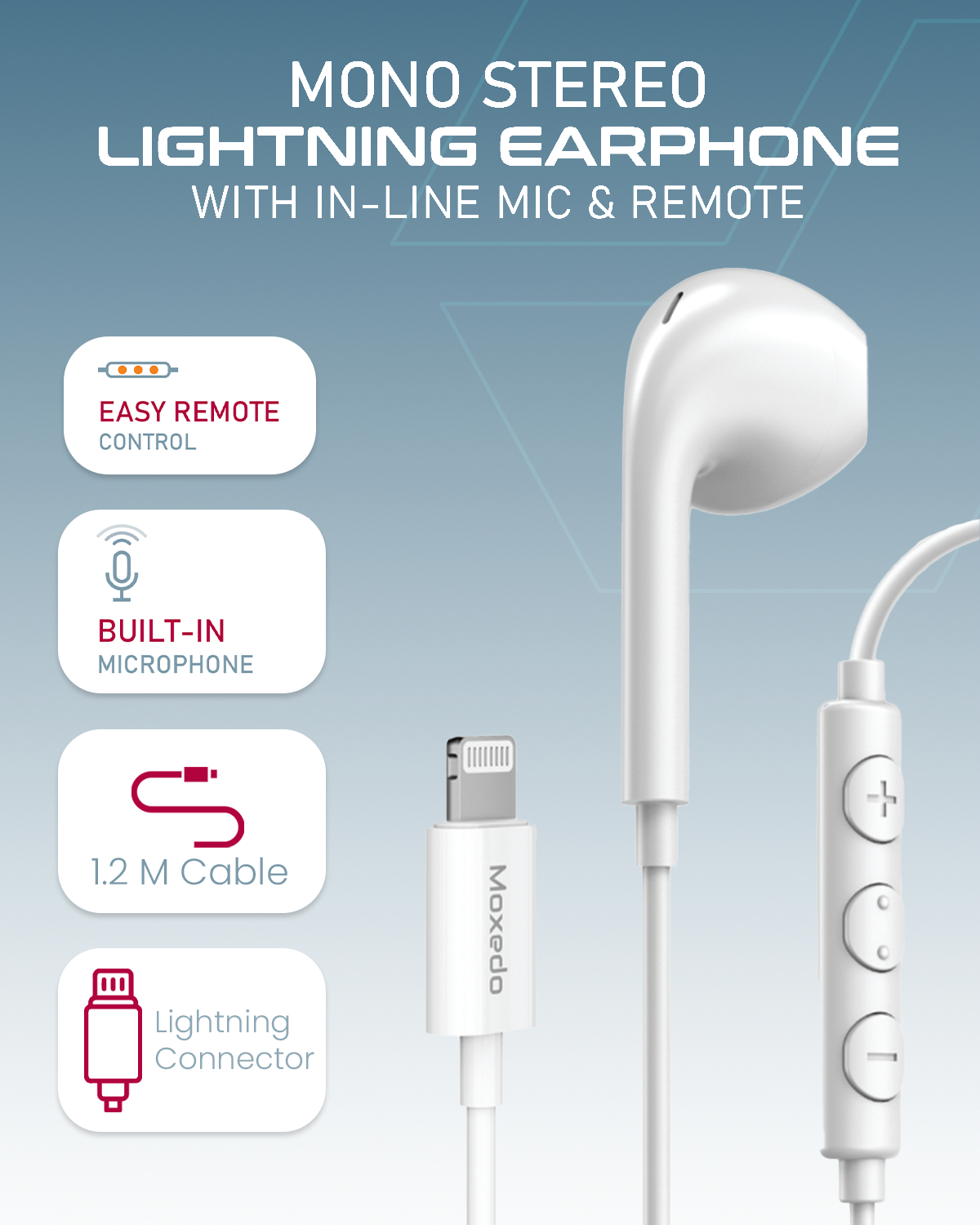 Moxedo Mono Stereo Earphone Lightning Connector Earphone In-Line Remote, Built-in Microphone Compatible for iPhone 14/13/12/11 Pro Max/X/XS Max/XR (White)