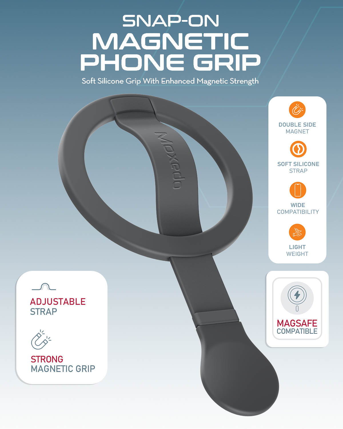 Moxedo Snap-On Magnetic Phone Grip Soft Silicone Grip Adjustable Strap with Double Sided Magnetic Design Compatible for iPhone 16 15 Pro Max Plus 14 13 12 and All Phones - TITANIUM Gray