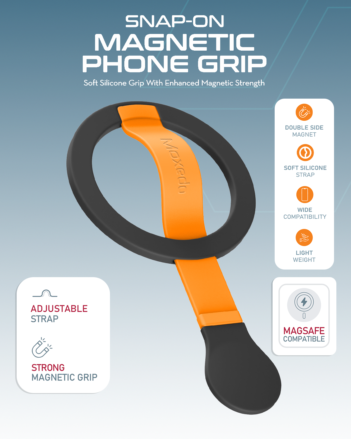Moxedo Snap-On Magnetic Phone Grip Soft Silicone Grip Adjustable Strap with Double Sided Magnetic Design Compatible for iPhone 16 15 Pro Max Plus 14 13 12 and All Phones- Orange