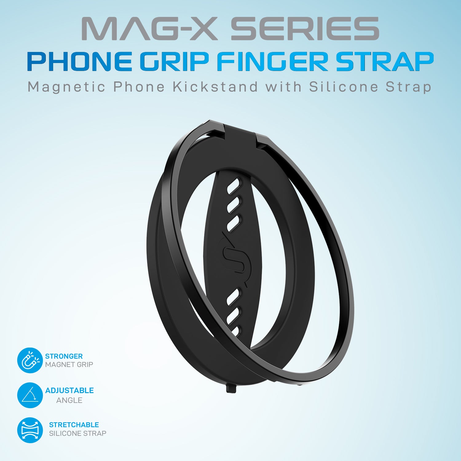 Remson Mag-X Phone Grip Finger Strap Magnetic Phone Kickstand with Silicone Strap Compatible for iPhone 14, 13 Pro/Max/Plus - Black