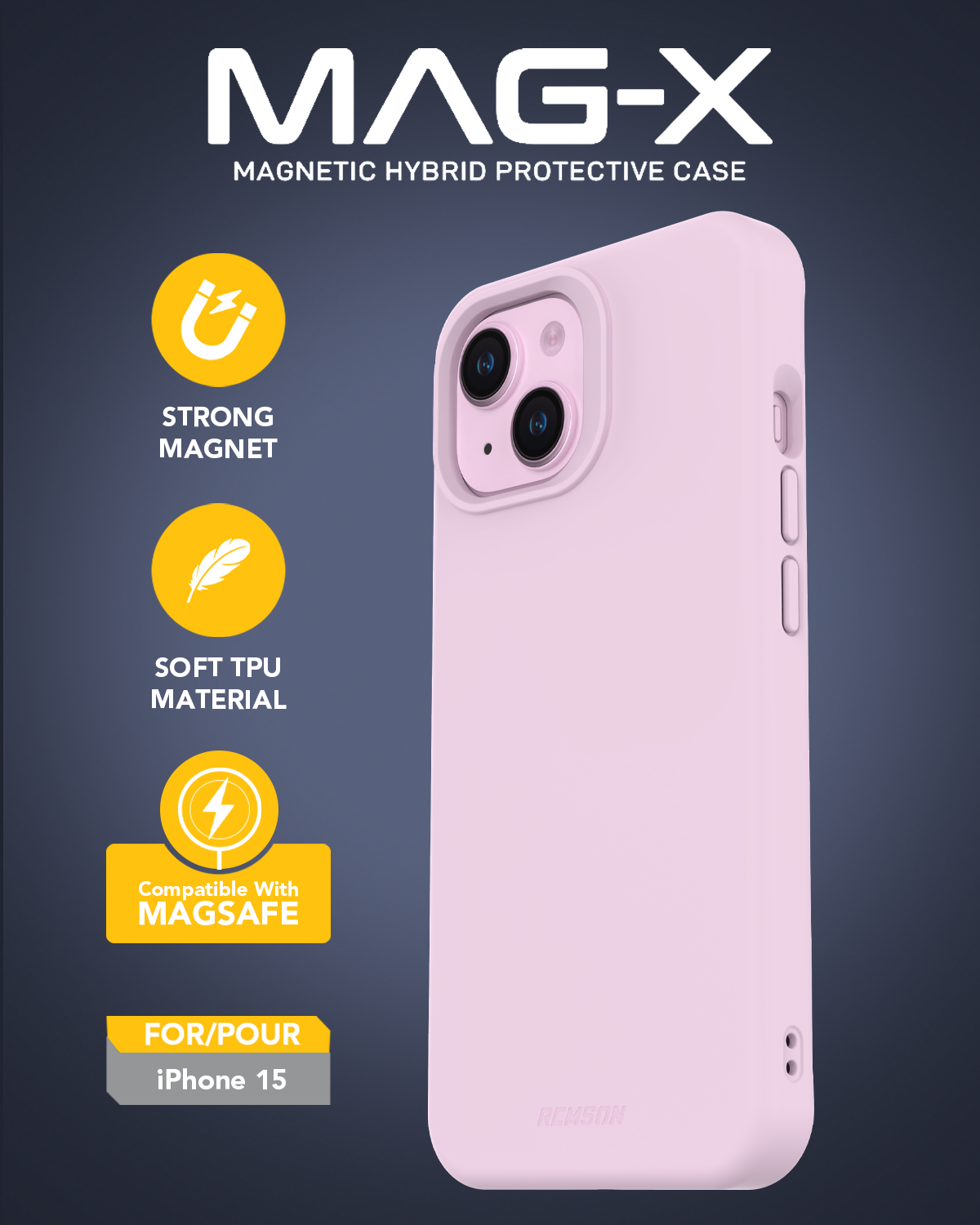 جراب Remson Mag-X المغناطيسي الهجين الواقي المصنوع من السيليكون، حماية عسكرية متوافقة مع iPhone 15 6.1 بوصة - وردي 