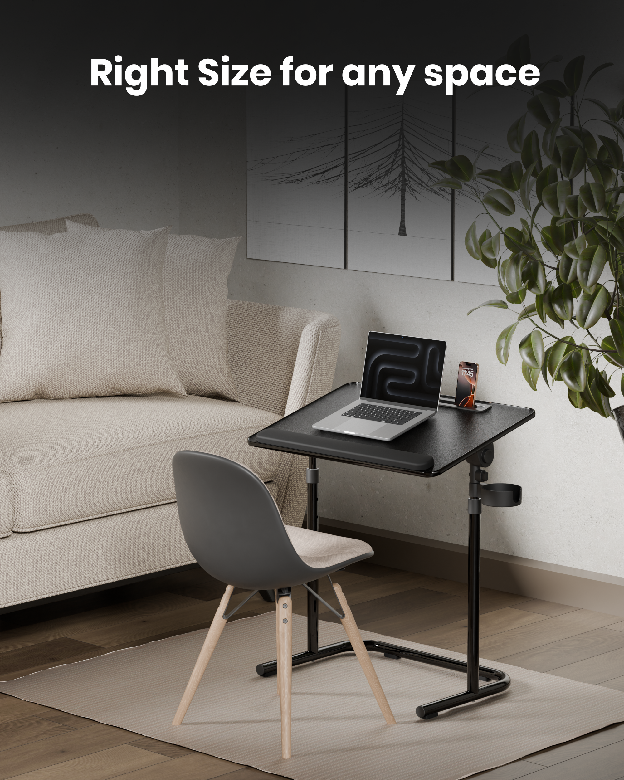 Moxedo Flexmate Adjustable Height Desk for Laptop with Ergonomic Tilt-top Surface with Side-Mounted Cup Holder, Wrist Rest and Device Slot for Phones/Tablets