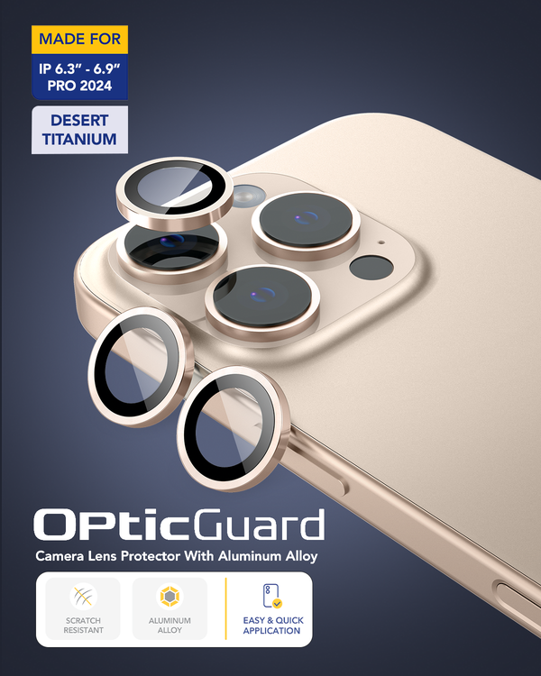 واقي عدسة الكاميرا Remson Optic Guard المقاوم للخدش مع حلقة من سبائك الألومنيوم متوافق مع iPhone 16 Pro مقاس 6.3 بوصة / iPhone 16 Pro Max مقاس 6.9 بوصة 2024- (تيتانيوم صحراوي)