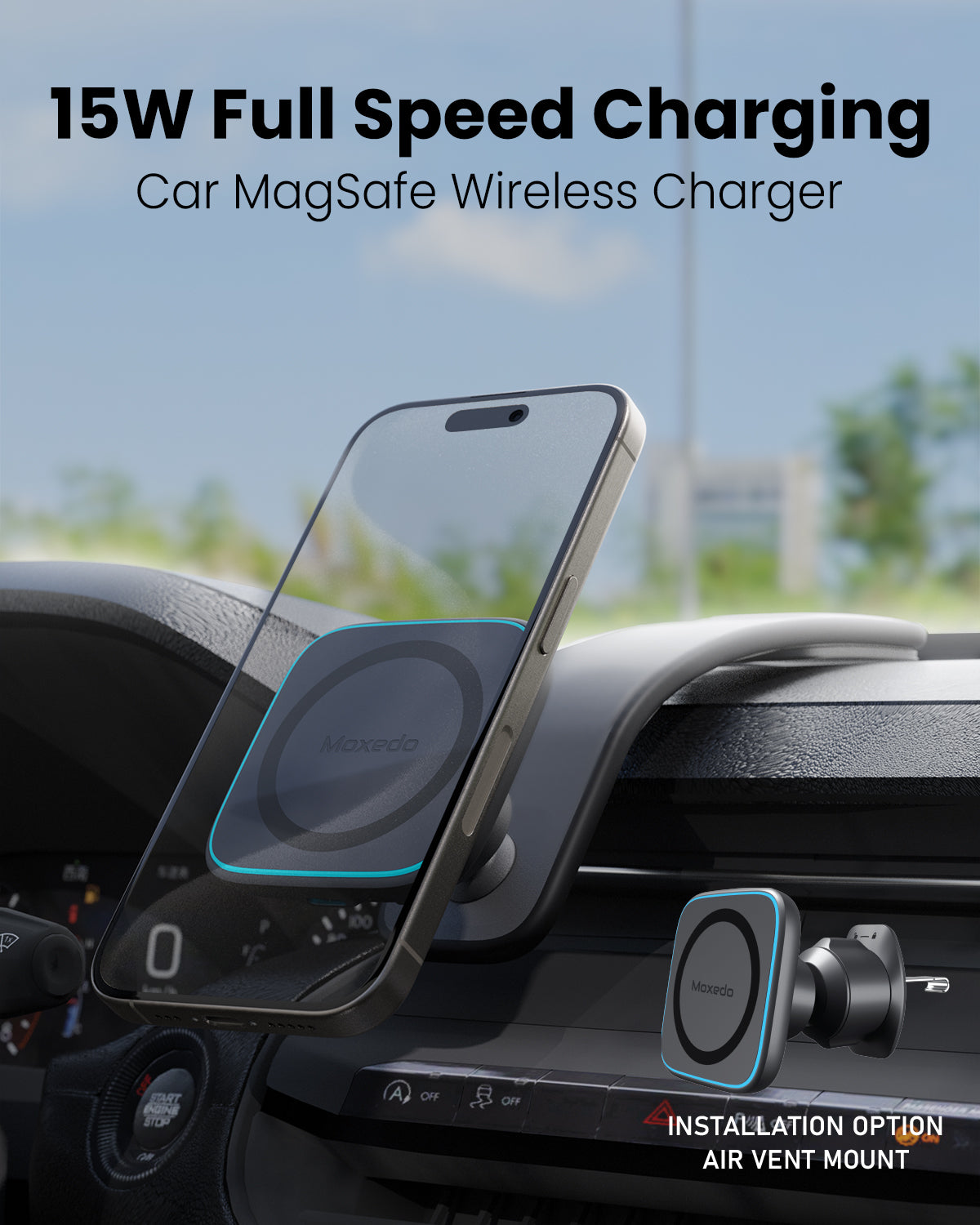 Moxedo Flexi-Grip Magnetic Phone Holder 15W Wireless Charging Car Mount Bendable Titanium Alloy 360° Rotation with Air Vent Clip