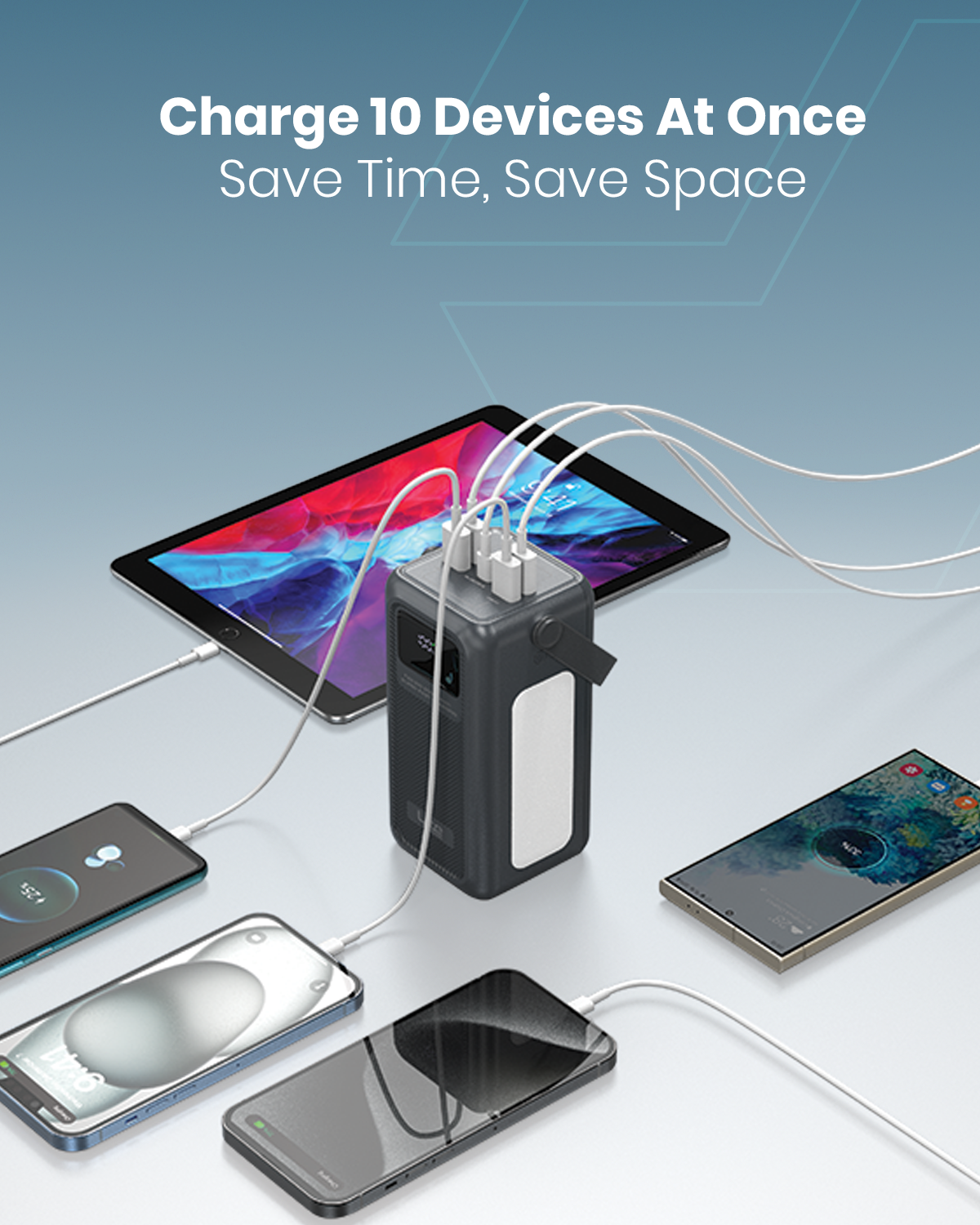 Moxedo Lite Multi-Port 50,000 mAh PD 22.5W Mini Power Station Fast Charging, LED Flashlight 1 USB-C / 1 Micro USB / 4 USB-A Ports with Built-in Lightning /USB-C /Micro USB and USB-A Cables