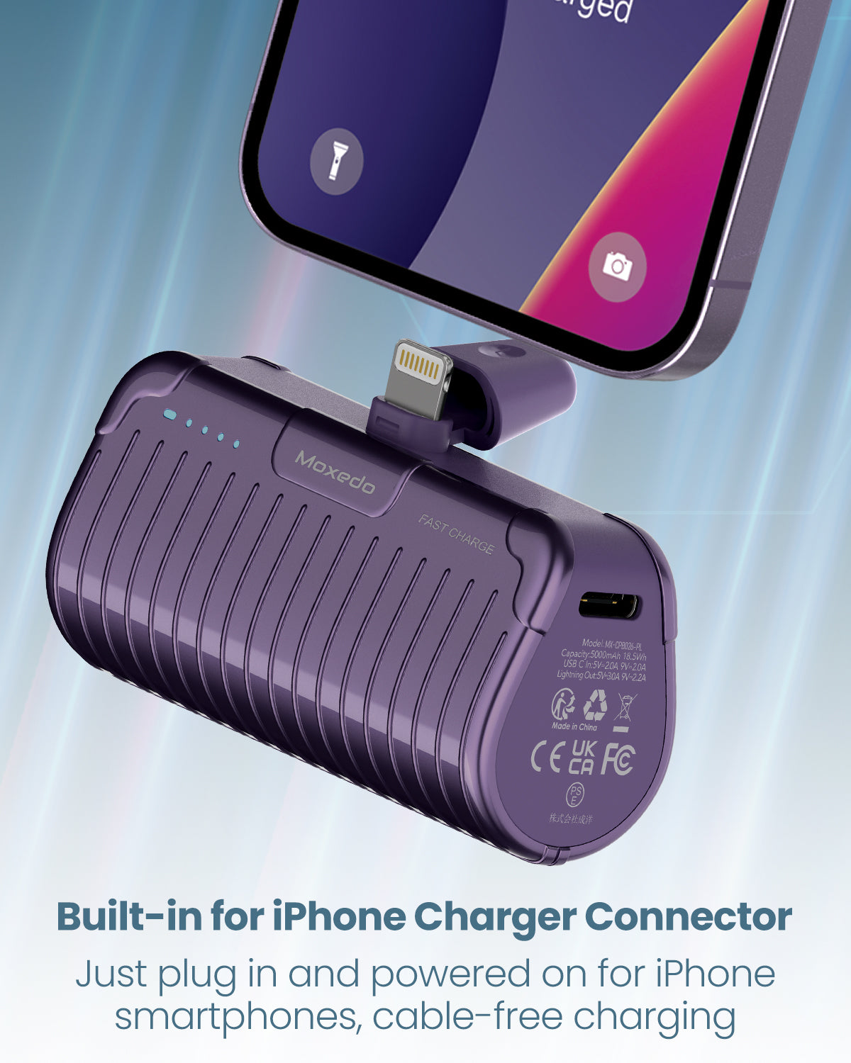 Moxedo Capsule 5000 mAh Mini Power Bank 20W PD Fast Charging Portable Charger with Built-in Lightning Connector with Kickstand (Purple)