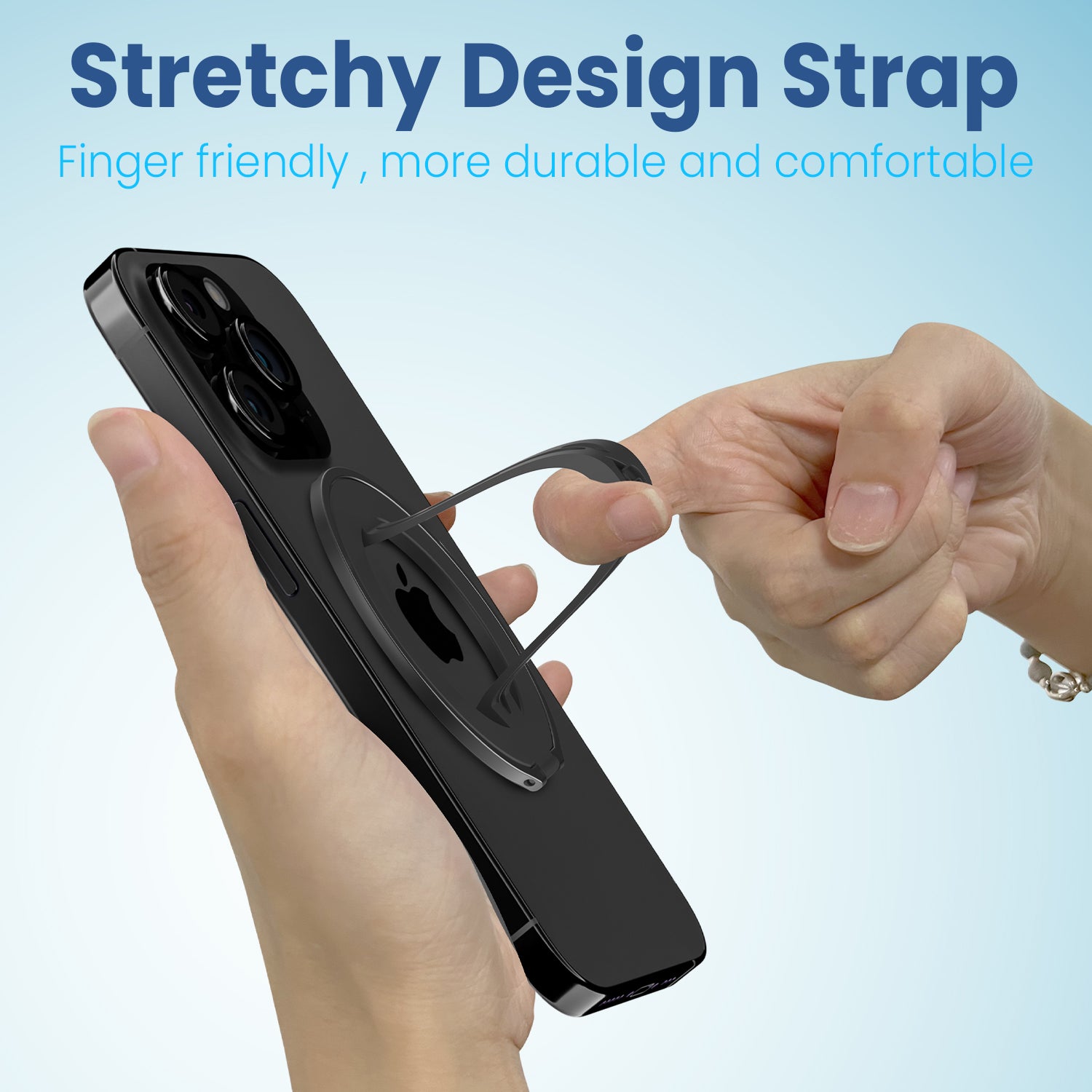 Remson Mag-X Phone Grip Finger Strap Magnetic Phone Kickstand with Silicone Strap Compatible for iPhone 14, 13 Pro/Max/Plus - Black