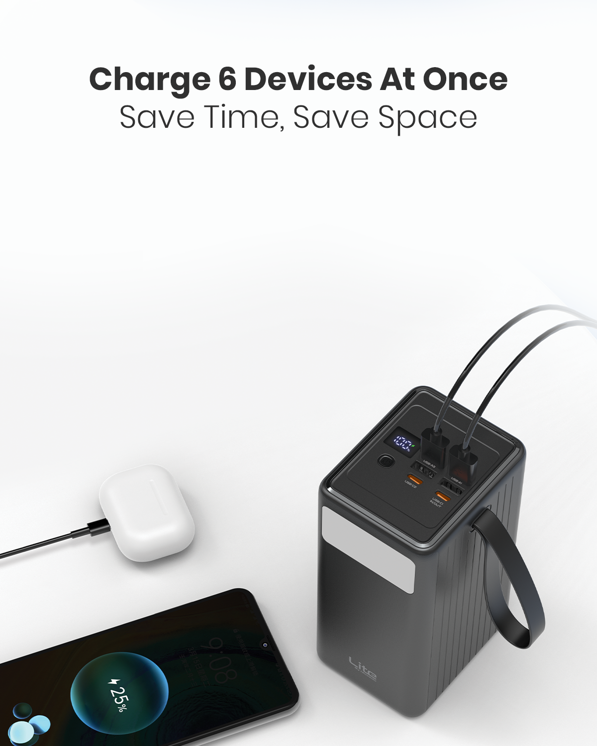 Moxedo Lite Multi-Port 70,000 mAh PD 20W Mini Power Station Fast Charging 2 USB-C / 4 USB-A Ports Portable with Built-in LED Flash Light and Lanyard