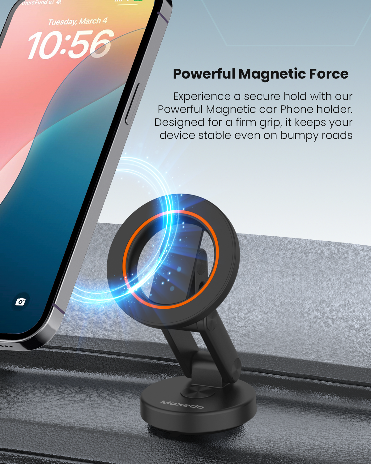 Moxedo Snap-On Magnetic Car Phone Holder Dashboard Mount for iPhone 16/15/14/13/12, Android with Extra Metal Ring MagSafe Compatible, 360° Rotating Base, Foldable Design with N52 Magnets