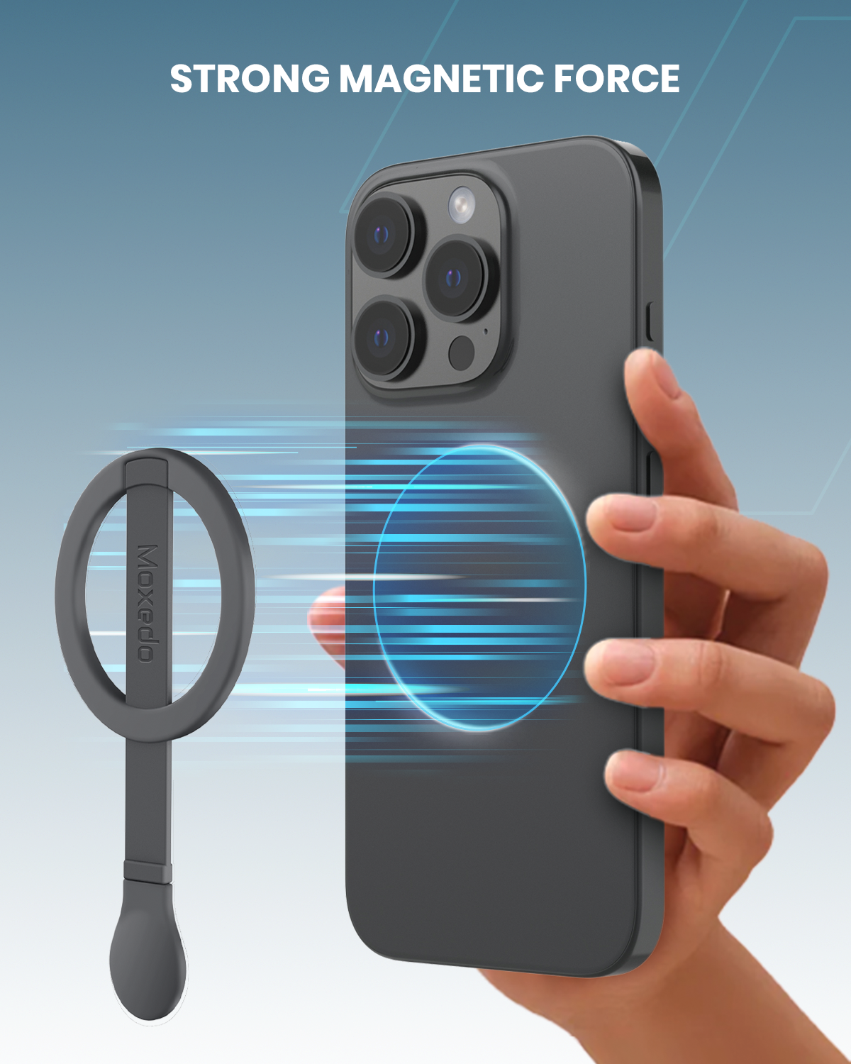 Moxedo Snap-On Magnetic Phone Grip Soft Silicone Grip Adjustable Strap with Double Sided Magnetic Design Compatible for iPhone 16 15 Pro Max Plus 14 13 12 and All Phones - TITANIUM Gray