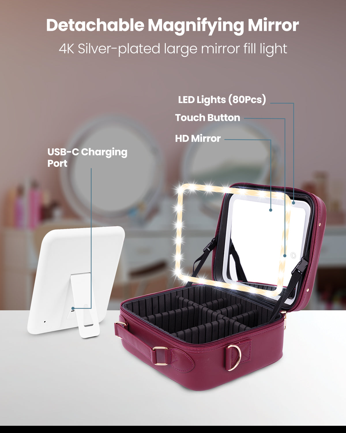 Moxedo 2 in 1 Portable Make-up Bag with Built-in LED Lighting Mirror (Maroon)
