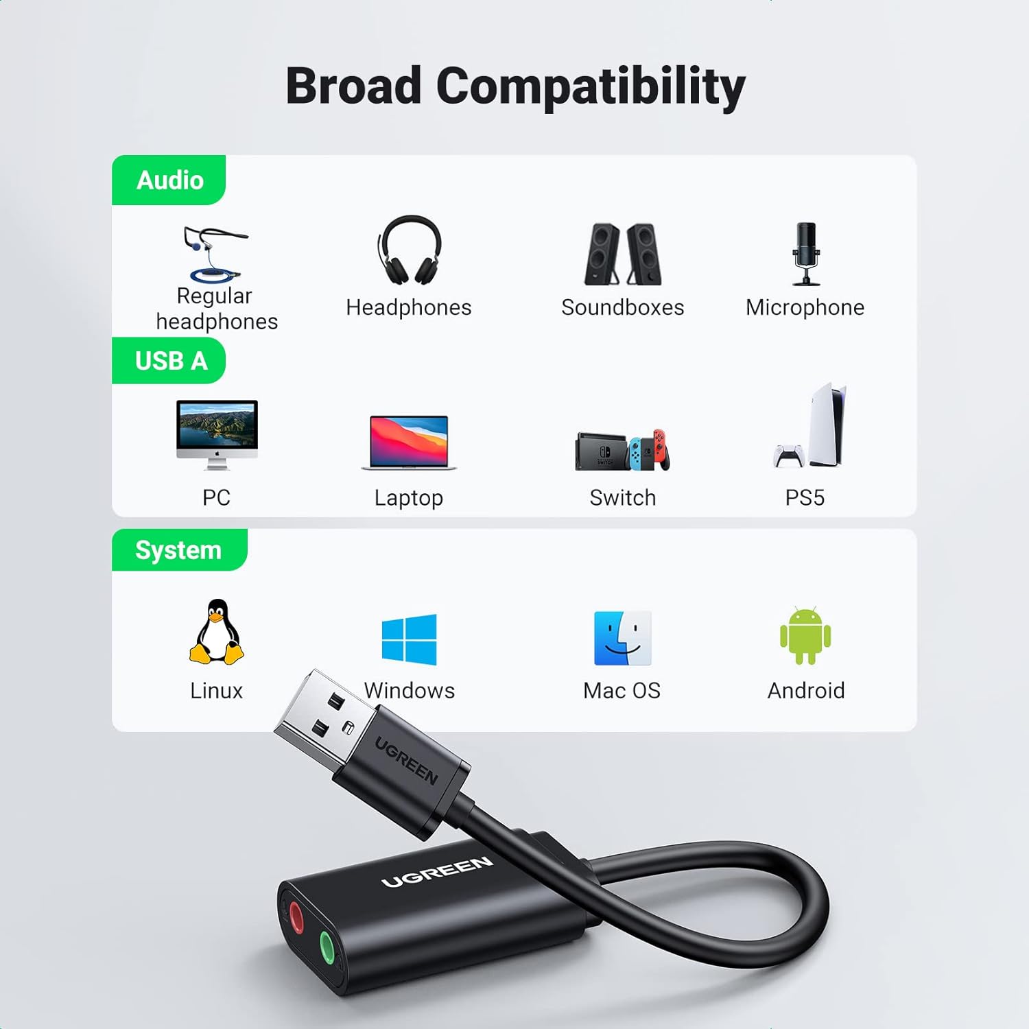 UGREEN USB Sound Card USB 2.0 to 3.5mm Jack Audio Adapter Dual Aux Stereo Headphone Microphone Splitter External DAC Dongle