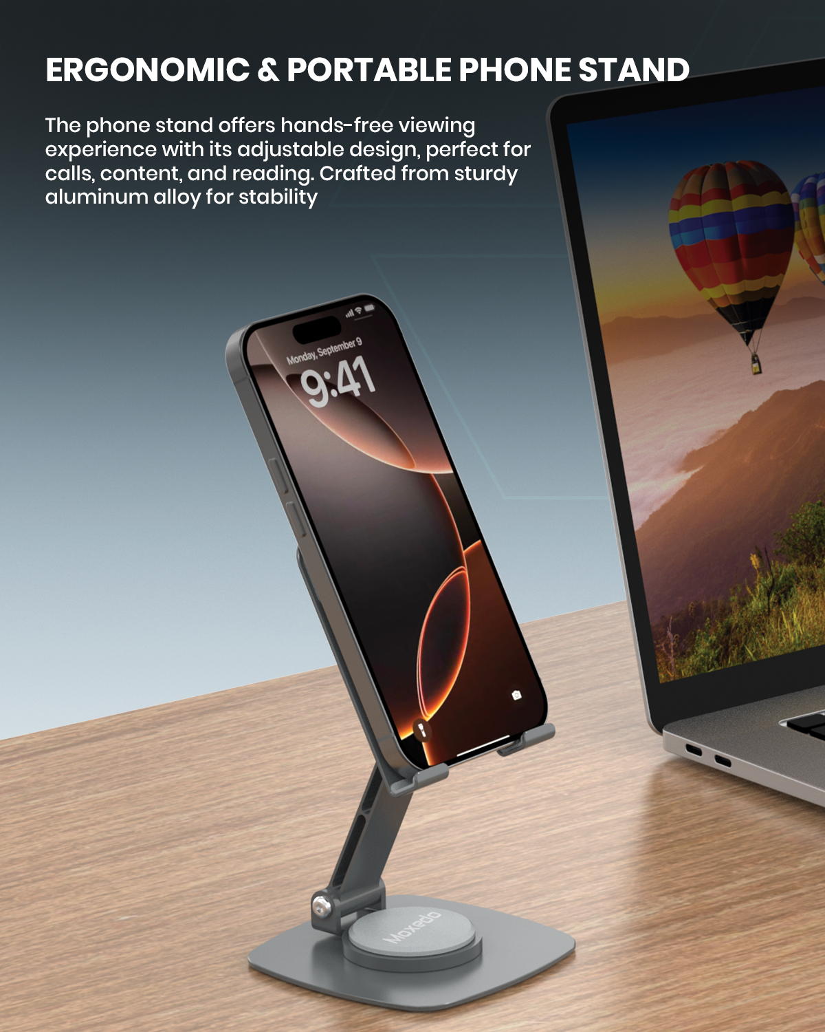 Moxedo Bi-Axial Mobile Phone Stand 360° Rotatable Height Adjustable Foldable Design Aluminum Phone Holder for Desk Compatible with Devices up to 7.0”