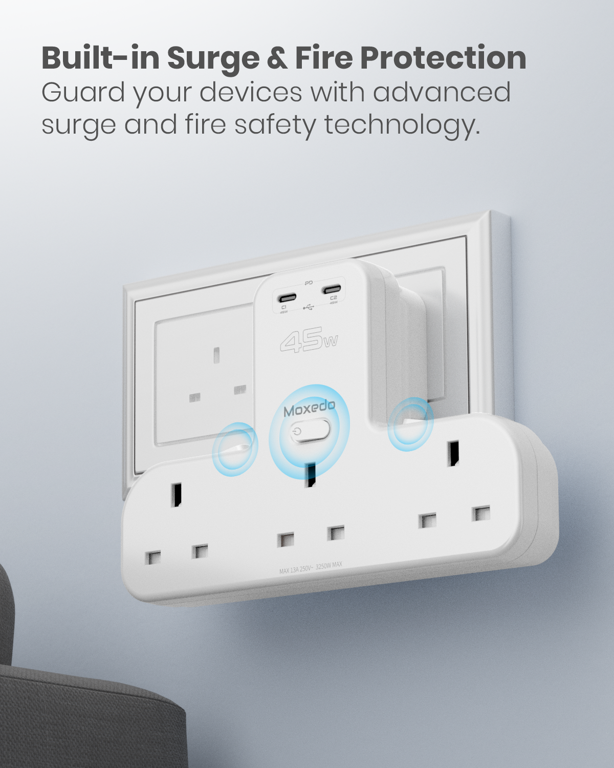 Moxedo Multi-Plug Pro Power Extension Adapter with Switch – 45W PD 3.0 Fast Charging, 3 AC Outlets, 2 USB-C Charging Ports – for Home, Office, Kitchen, School