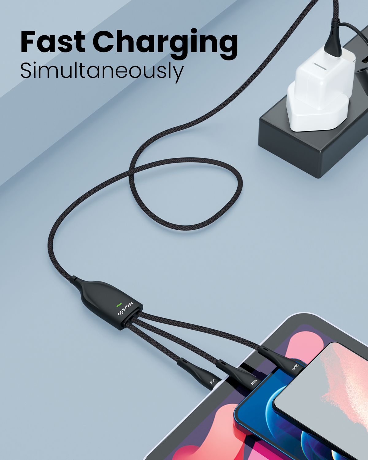 كابل شحن Moxedo 3 في 2 قابل للتبديل من USB-A/USB-C إلى 2x USB-C/Lightning PD للشحن السريع 100 وات بطول 1.2 متر (أسود) 