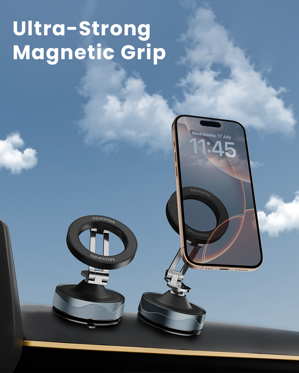 Moxedo Magnogrip Car Phone Holder Foldable Rounded Magnets for Dashboard with Vacuum Suction Cup 360° Base Rotation with Metal Plate Compatible for All Smartphone