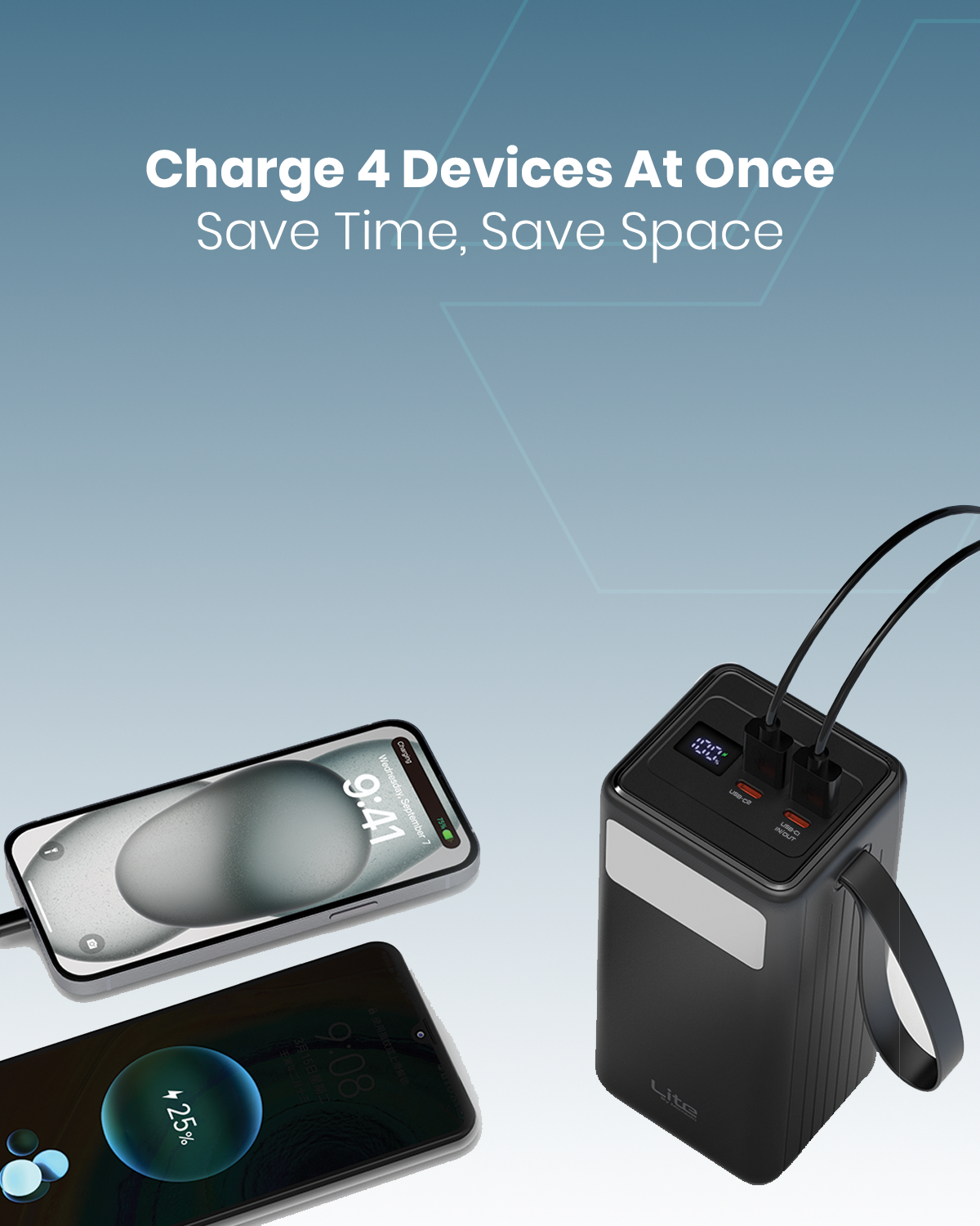 Moxedo Lite Multi-Port 50,000 mAh PD 20W Mini Power Station Fast Charging 2 USB-C / 2 USB-A Ports Portable with Built-in LED Flash Light and Lanyard