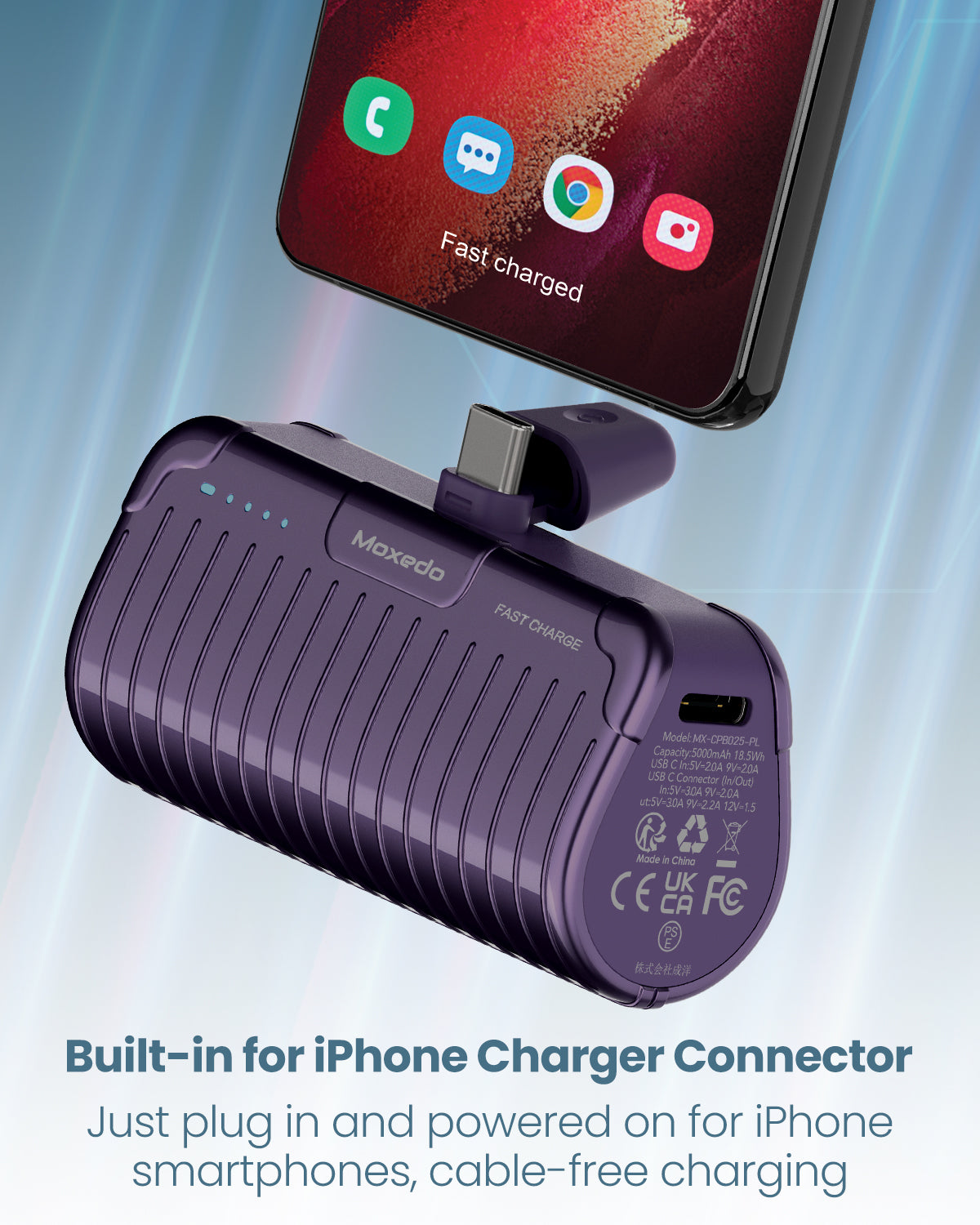 Moxedo Capsule 5000 mAh Mini Power Bank 20W Portable Charger Built-in USB-C Connector with Kickstand (Purple)