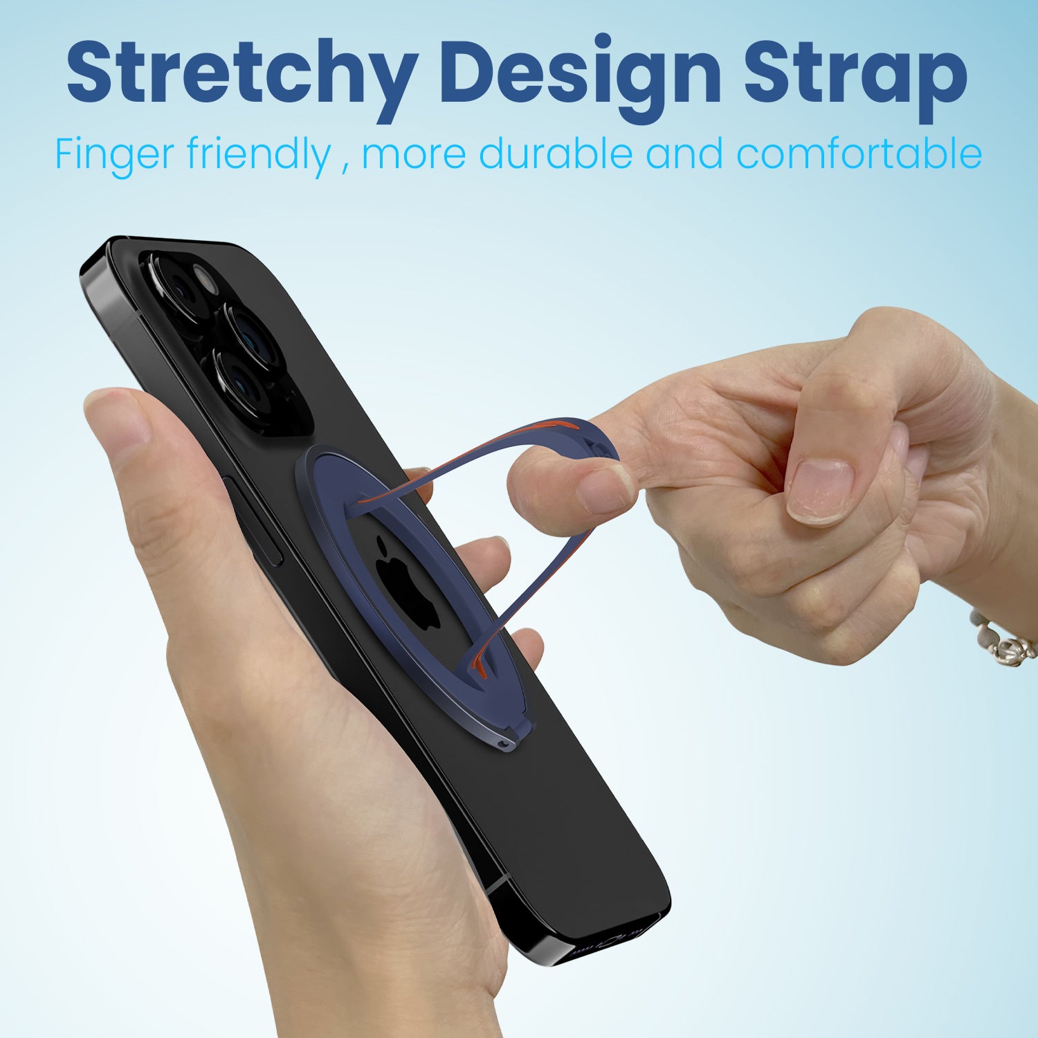 Remson Mag-X Phone Grip Finger Strap Magnetic Phone Kickstand with Silicone Strap Compatible for iPhone 14, 13 Pro/Max/Plus - Blue/Orange