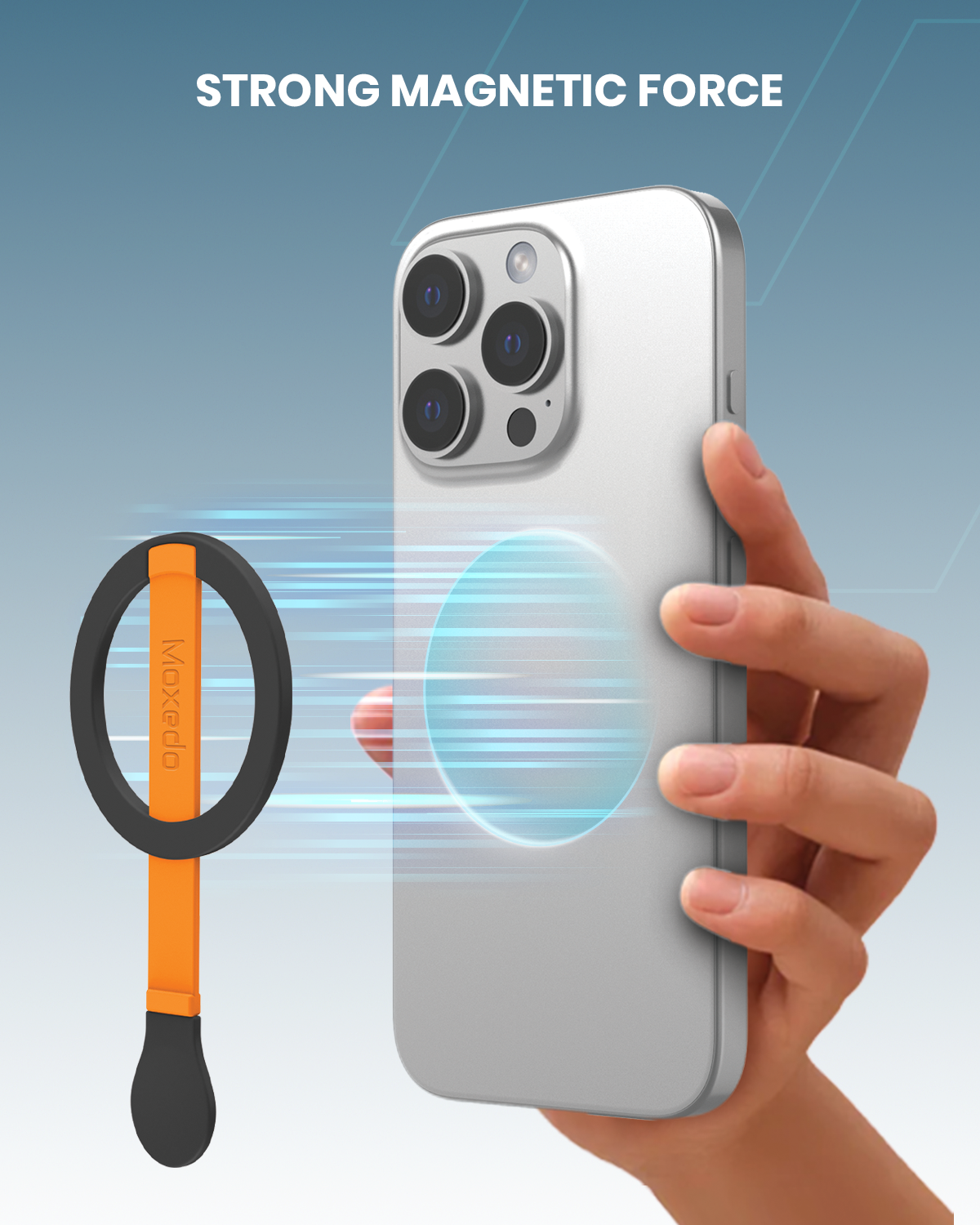 Moxedo Snap-On Magnetic Phone Grip Soft Silicone Grip Adjustable Strap with Double Sided Magnetic Design Compatible for iPhone 16 15 Pro Max Plus 14 13 12 and All Phones- Orange