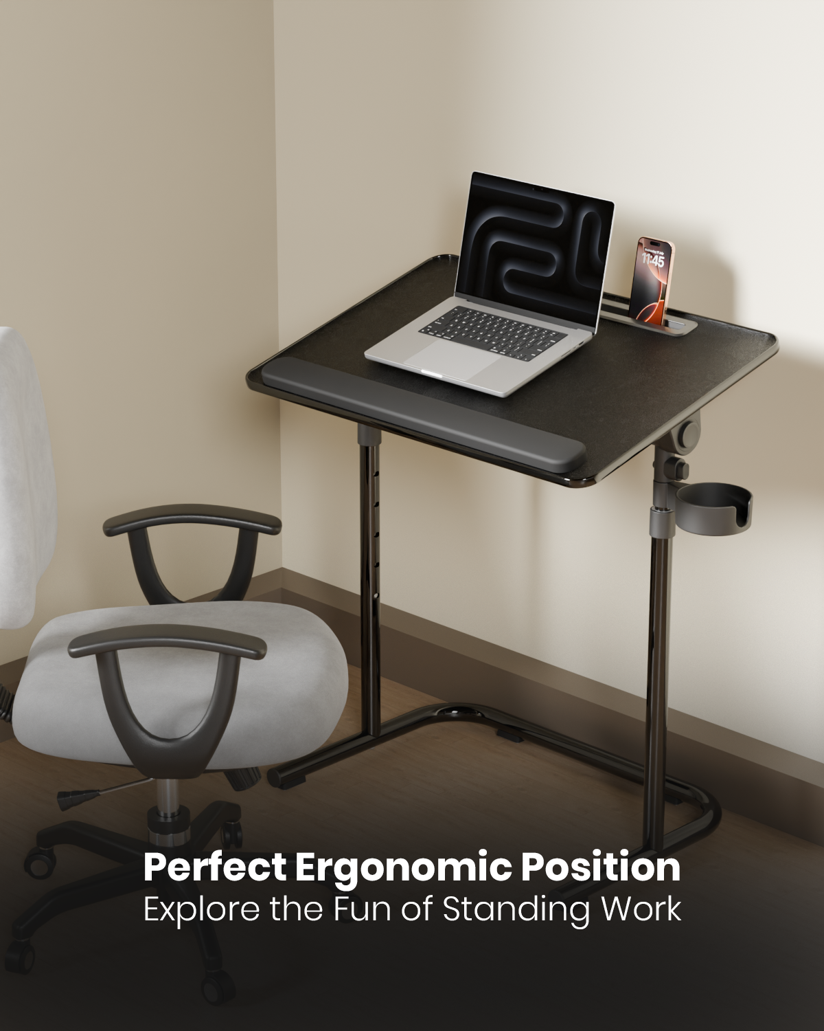 Moxedo Flexmate Adjustable Height Desk for Laptop with Ergonomic Tilt-top Surface with Side-Mounted Cup Holder, Wrist Rest and Device Slot for Phones/Tablets