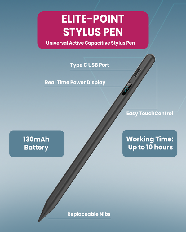 Moxedo Elite-Point Universal Active Capacitive Stylus Pen Type-C Charging Port with Replaceable Nib Digital Battery Display Compatible for iOS, Android Touch Screen Devices and Tablet - Black