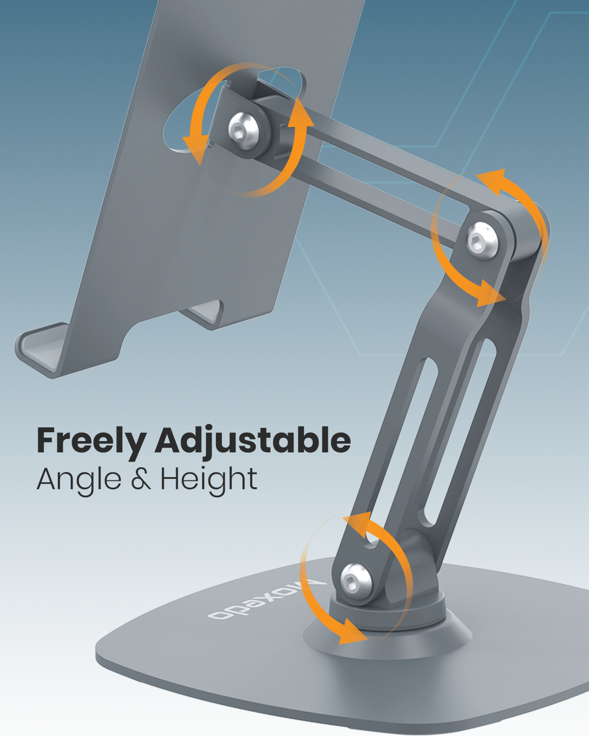 Moxedo Bi-Axial Mobile Phone and Tablet Stand 360° Rotating Base Height Adjustable Foldable Design Aluminum Tablet and Phone Holder for Desk Compatible with 4 to 9.7” Devices