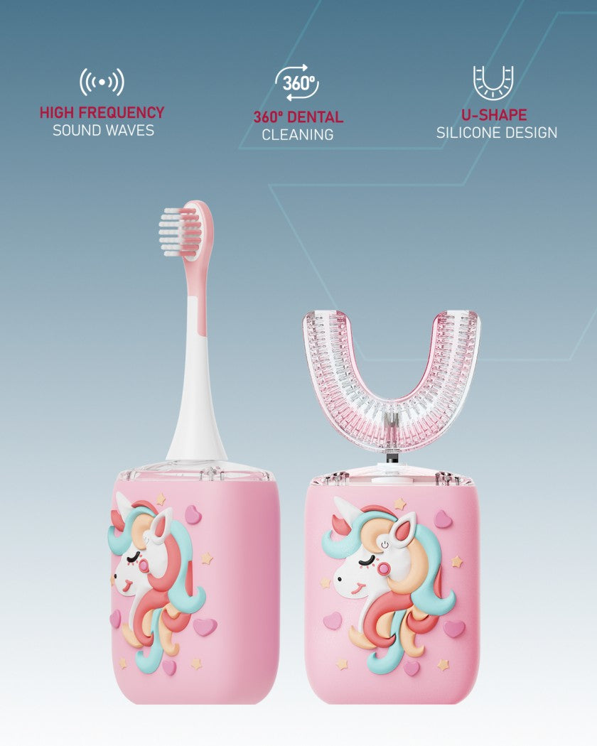 Moxedo Kids 2 in 1 U- Shaped Electric Toothbrush, 2 Brush Heads/ 2 U-Shape Brush Head, 360 Dental Oral Cleaning, 5 Ultrasonic Smart Modes, IP64 Waterproof Auto Toothbrush for Toddler- Pink