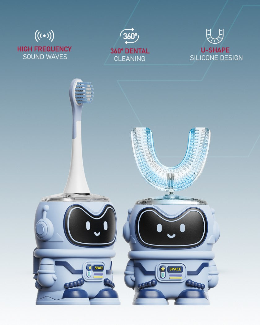 Moxedo Kids 2 in 1 U- Shaped Electric Toothbrush, 2 Brush Heads/ 2 U-Shape Brush Head, 360 Dental Oral Cleaning, 5 Ultrasonic Smart Modes, IP64 Waterproof Auto Toothbrush for Toddler- Blue