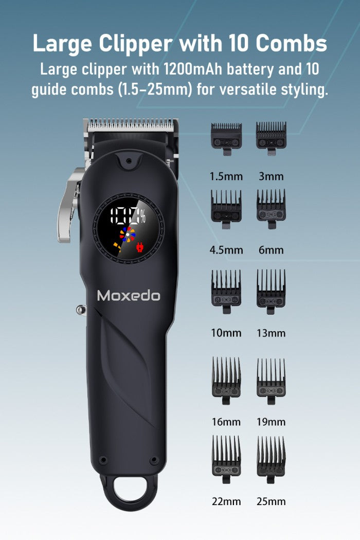 Moxedo Orvex Rechargeable Cordless Electric Hair Trimmer T-Blade Head 5 Level Adjustment 10 Guide Combs 15-25mm LCD Display with Grooming Kit