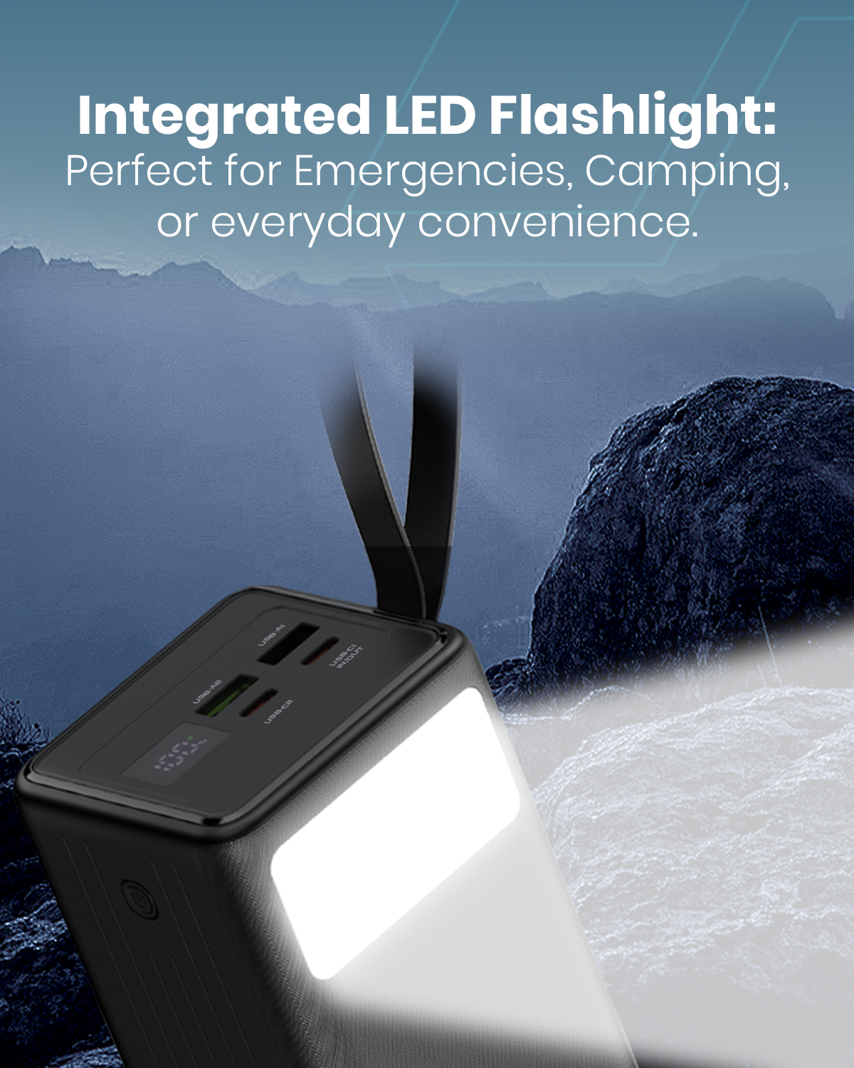 Moxedo Lite Multi-Port 50,000 mAh PD 20W Mini Power Station Fast Charging 2 USB-C / 2 USB-A Ports Portable with Built-in LED Flash Light and Lanyard