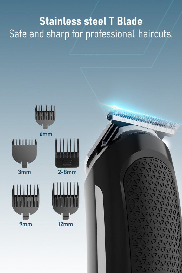 Moxedo 5 in 1 Cordless Hair Trimmer Professional Hair Clipper for Men IPX6 Waterproof Stainless-Steel T-Blade 120 Mins Working Time 5 Adjustable Guards for Men