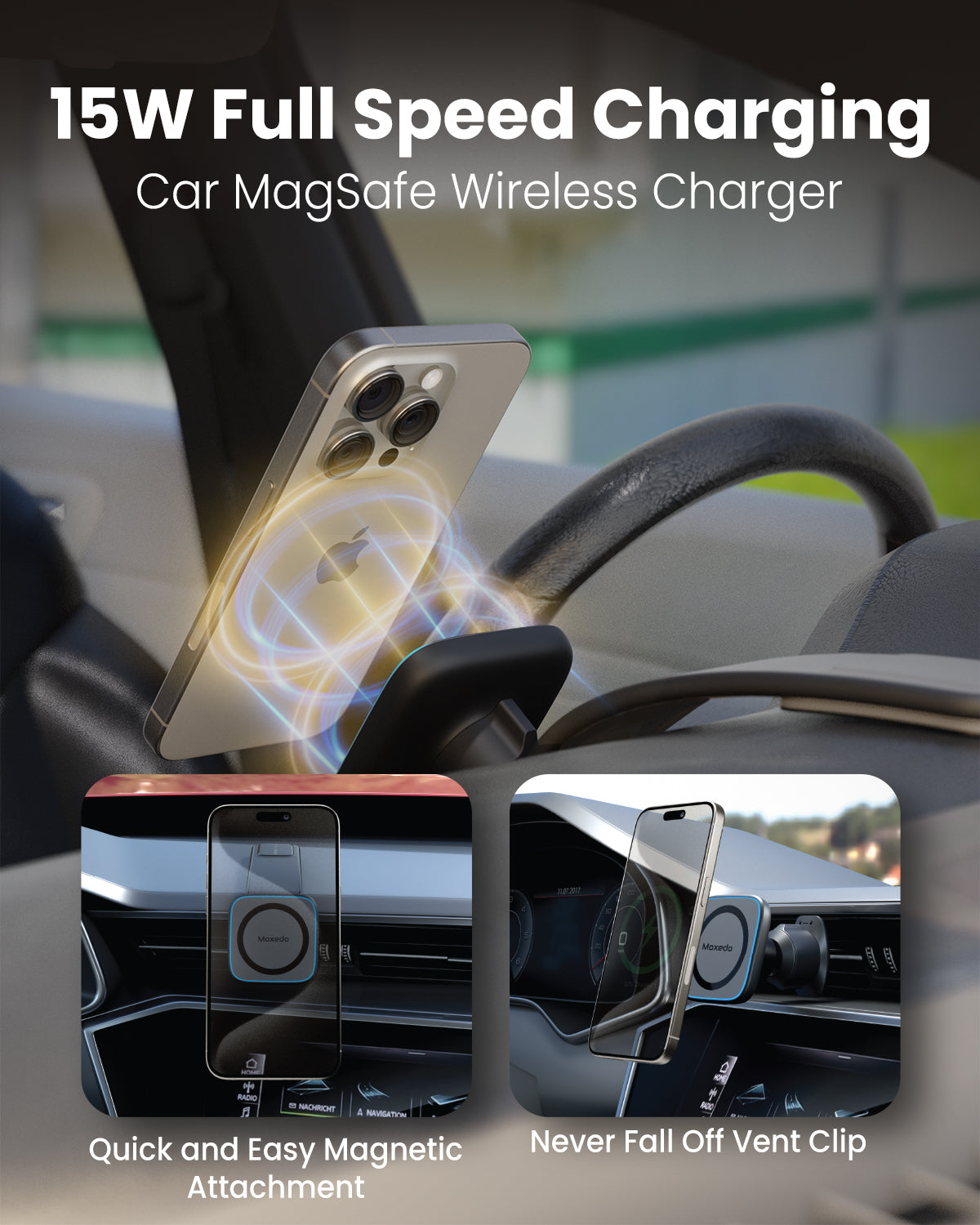 Moxedo Flexi-Grip Magnetic Phone Holder 15W Wireless Charging Car Mount Bendable Titanium Alloy 360° Rotation with Air Vent Clip