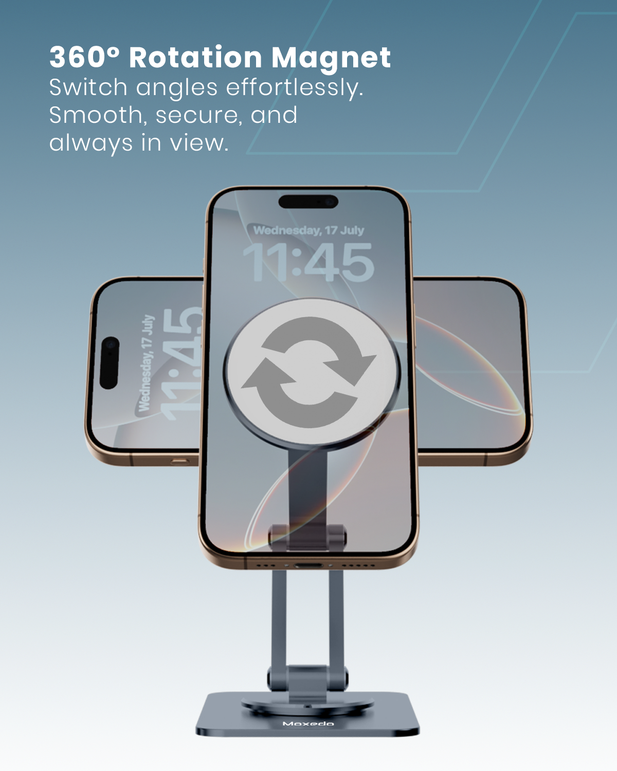 Moxedo Holdex Mobile Phone Stand 360° Rotatable Magnetic Phone Holder Aluminium Alloy for Desk Compatible for iPhone 16 15 14 13 12 Series Fit for Al 5.8” to 7.1” Devices
