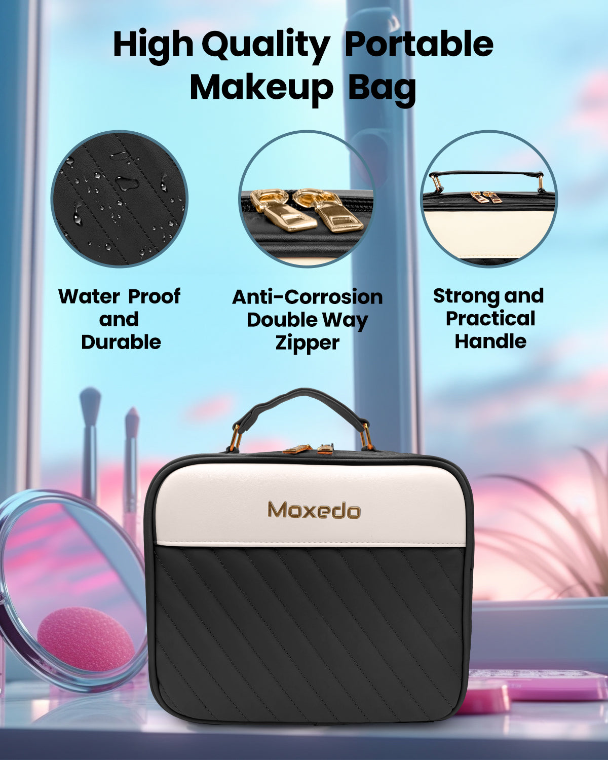 Moxedo 2 in 1 Portable Make-up Bag with Built-in LED Lighting Mirror (Black)