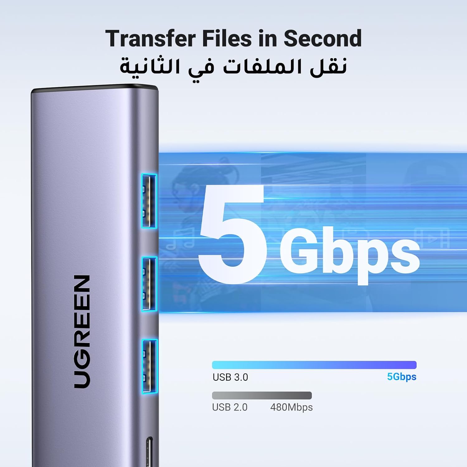 موزع متعدد الوظائف من Ugreen 5 في 1 USB-C - HDMI 1.4 / 3 x USB-A / USB-C PD 100W CM511 - رمادي 