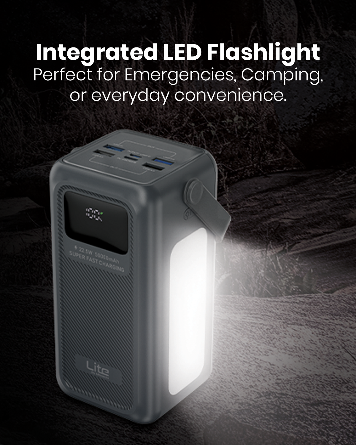 Moxedo Lite Multi-Port 50,000 mAh PD 22.5W Mini Power Station Fast Charging, LED Flashlight 1 USB-C / 1 Micro USB / 4 USB-A Ports with Built-in Lightning /USB-C /Micro USB and USB-A Cables