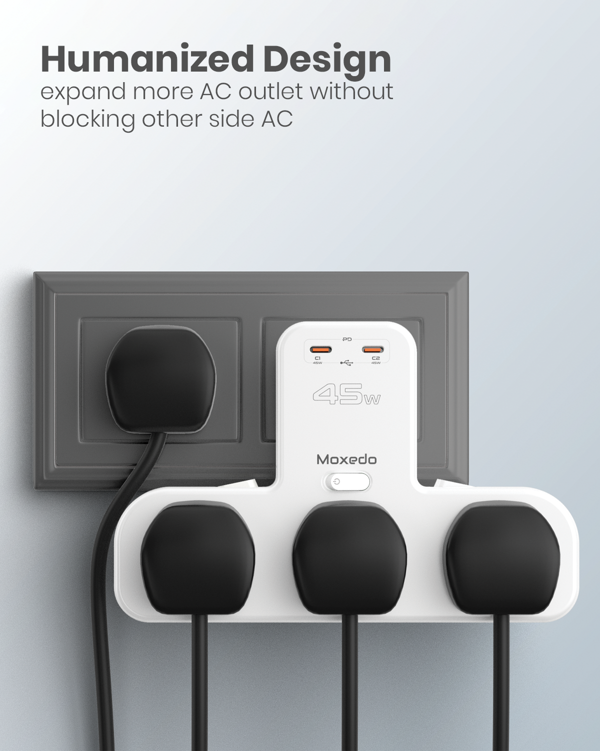 Moxedo Multi-Plug Pro Power Extension Adapter with Switch – 45W PD 3.0 Fast Charging, 3 AC Outlets, 2 USB-C Charging Ports – for Home, Office, Kitchen, School