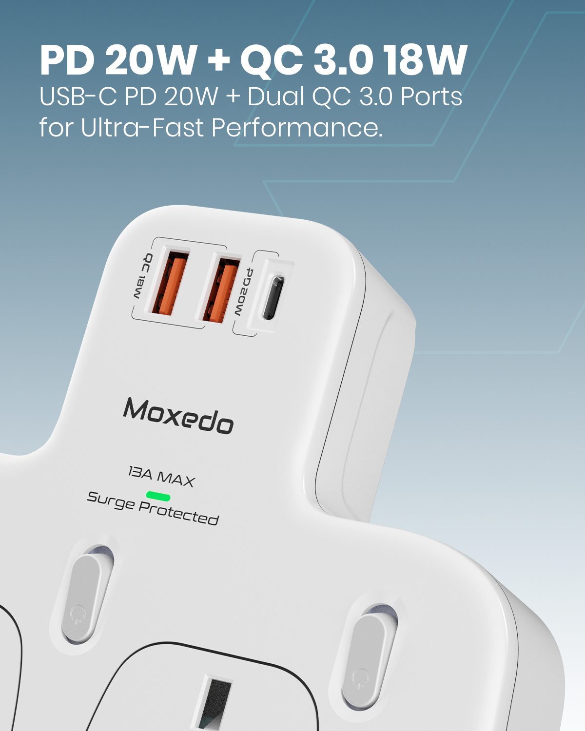 Moxedo Multi-Plug+ Power Extension Adapter with Independent Switch 20W USB-C PD QC 3.0 Multiple Wall Charger Electrical Power Extender with 1 USB-C /2 USB-A/ 3 AC Outlet for Home, Office, Kitchen & School