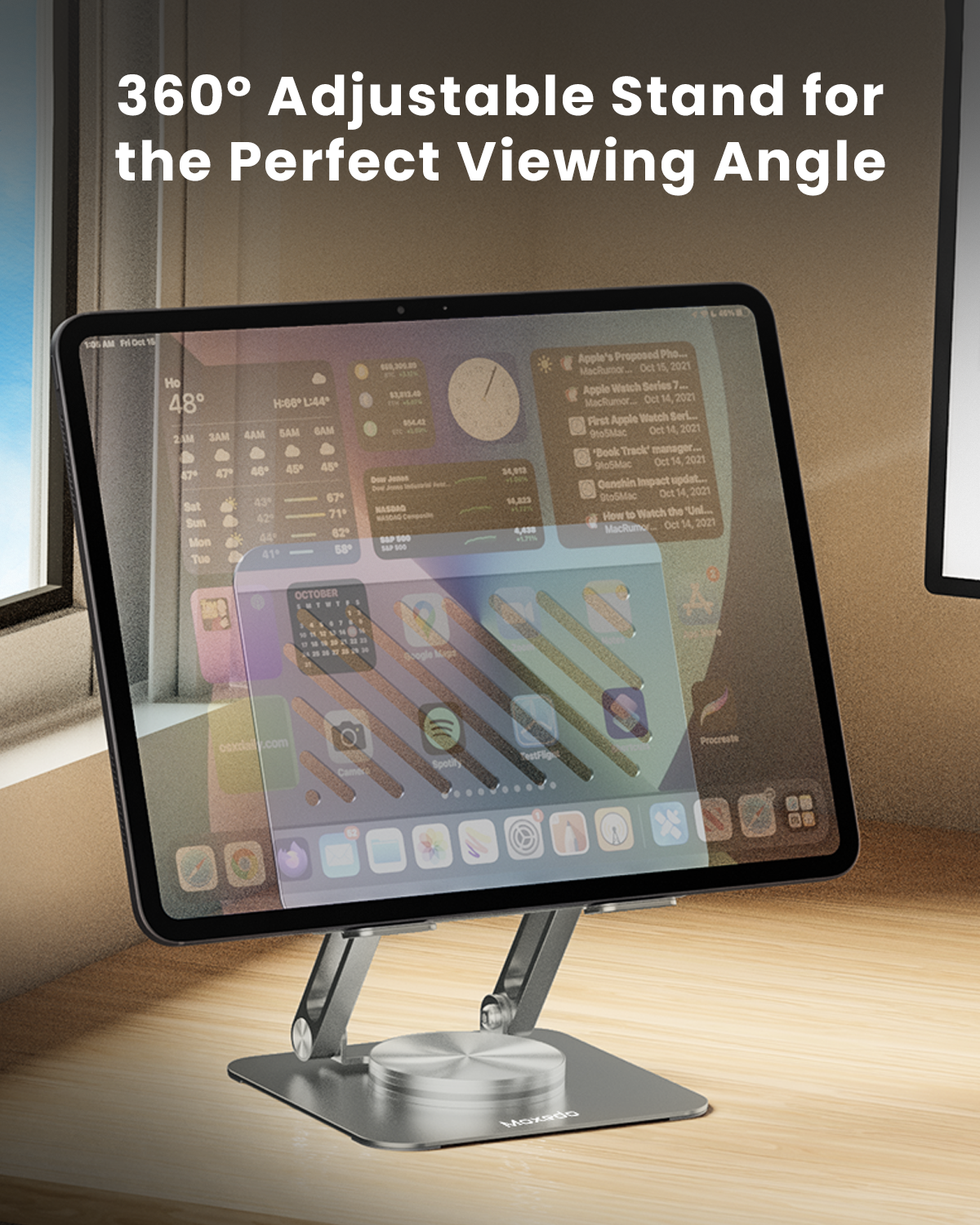Moxedo Aluminium 360° Rotatable Tablet Stand Dual Rod Adjustable Foldable Tablet Riser/Holder for Desk Compatible with 4.7” to 16.5” iPads and Tablets