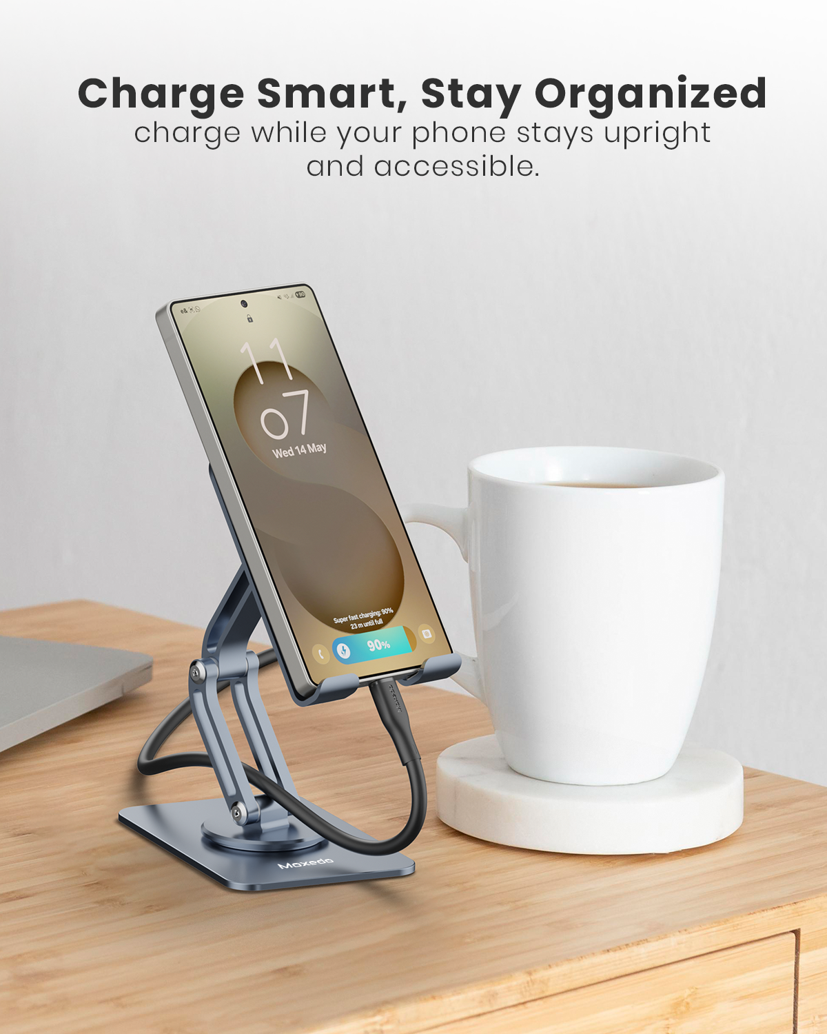 Moxedo Axira Mobile Phone Stand 360° Rotatable Height Adjustable Foldable Metal Mobile Stand for Desk Compatible with Devices 5.8” to 7.1”