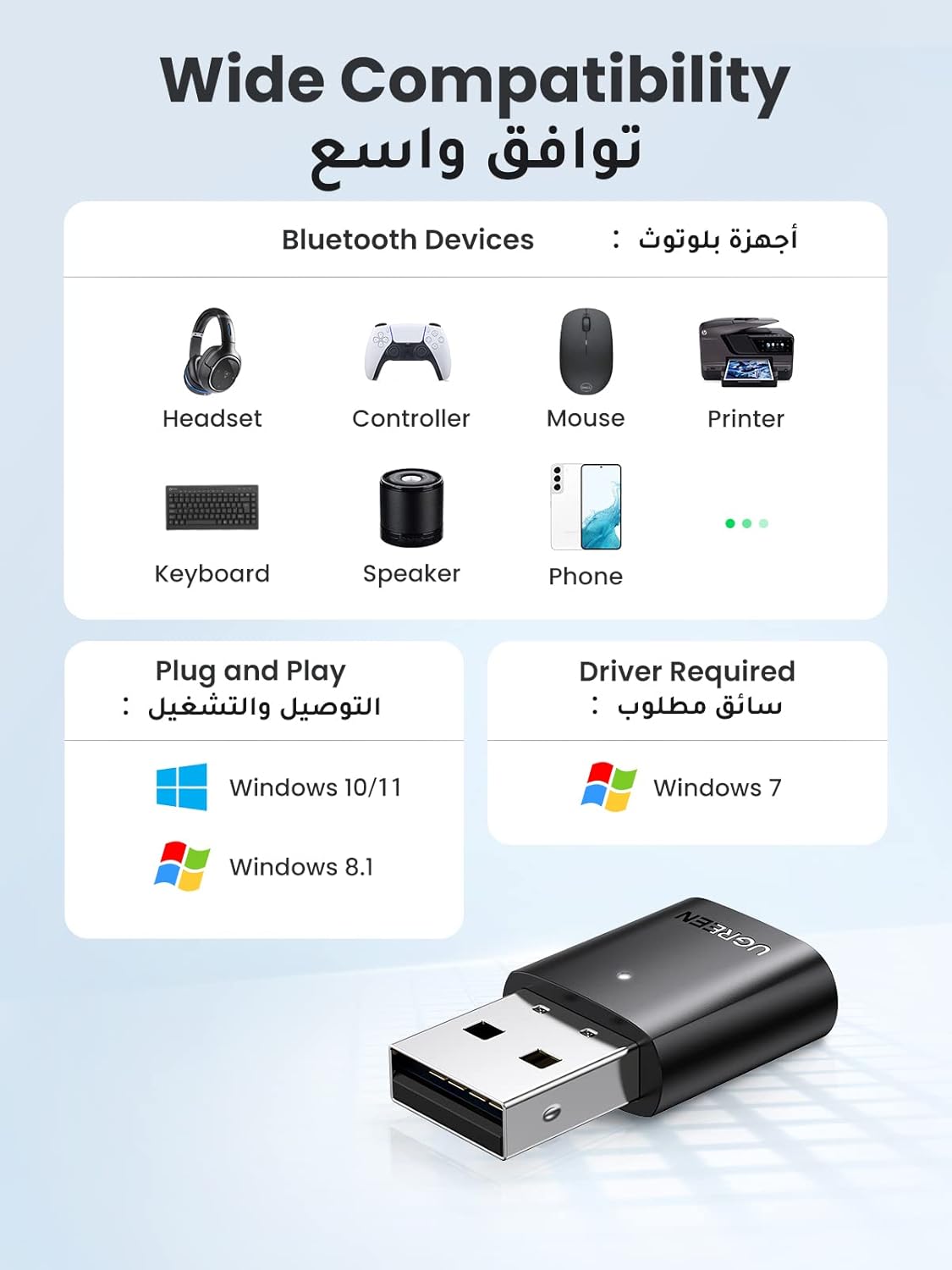 UGREEN Bluetooth Adapter 5.0 【Plug & Play】USB Bluetooth Adapter