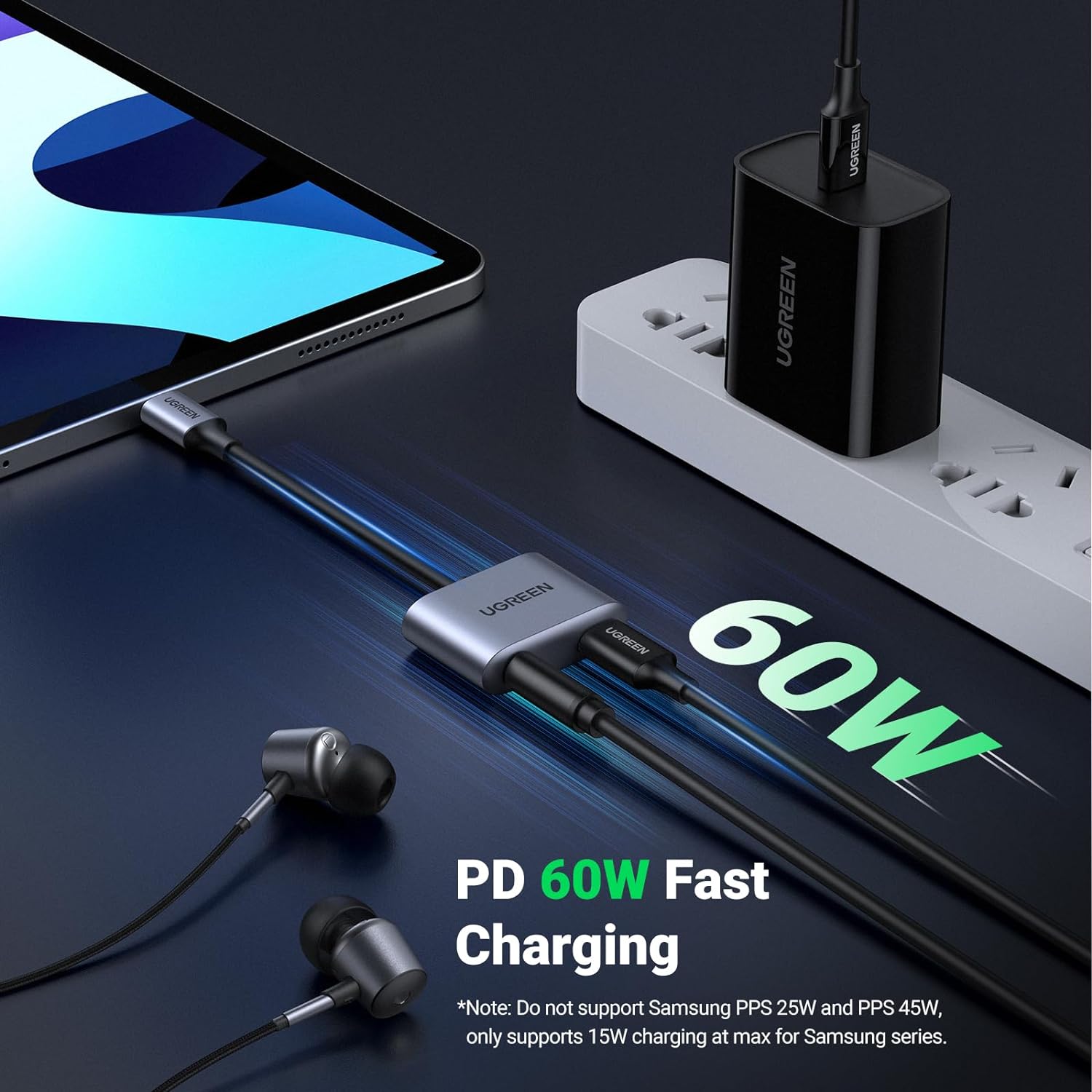 UGREEN USB C to 3.5mm Jack and Charger Adapter DAC PD 60W Fast Charge Type C Headphone Aux Splitter
