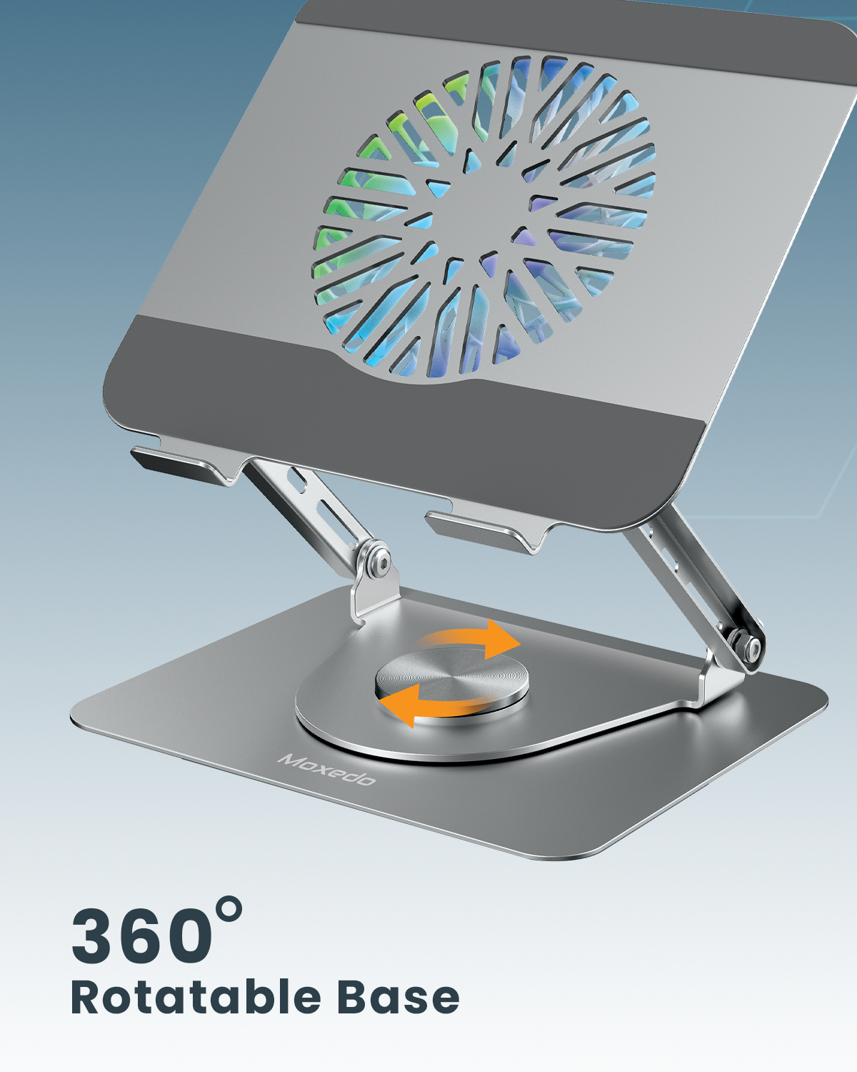 Moxedo Ergonomic Foldable Laptop and Tablet Stand with RGB Led Light Cooling Fan 360° Rotation Computer Holder Laptop Riser for Desk Compatible with Up to 17.2” Devices
