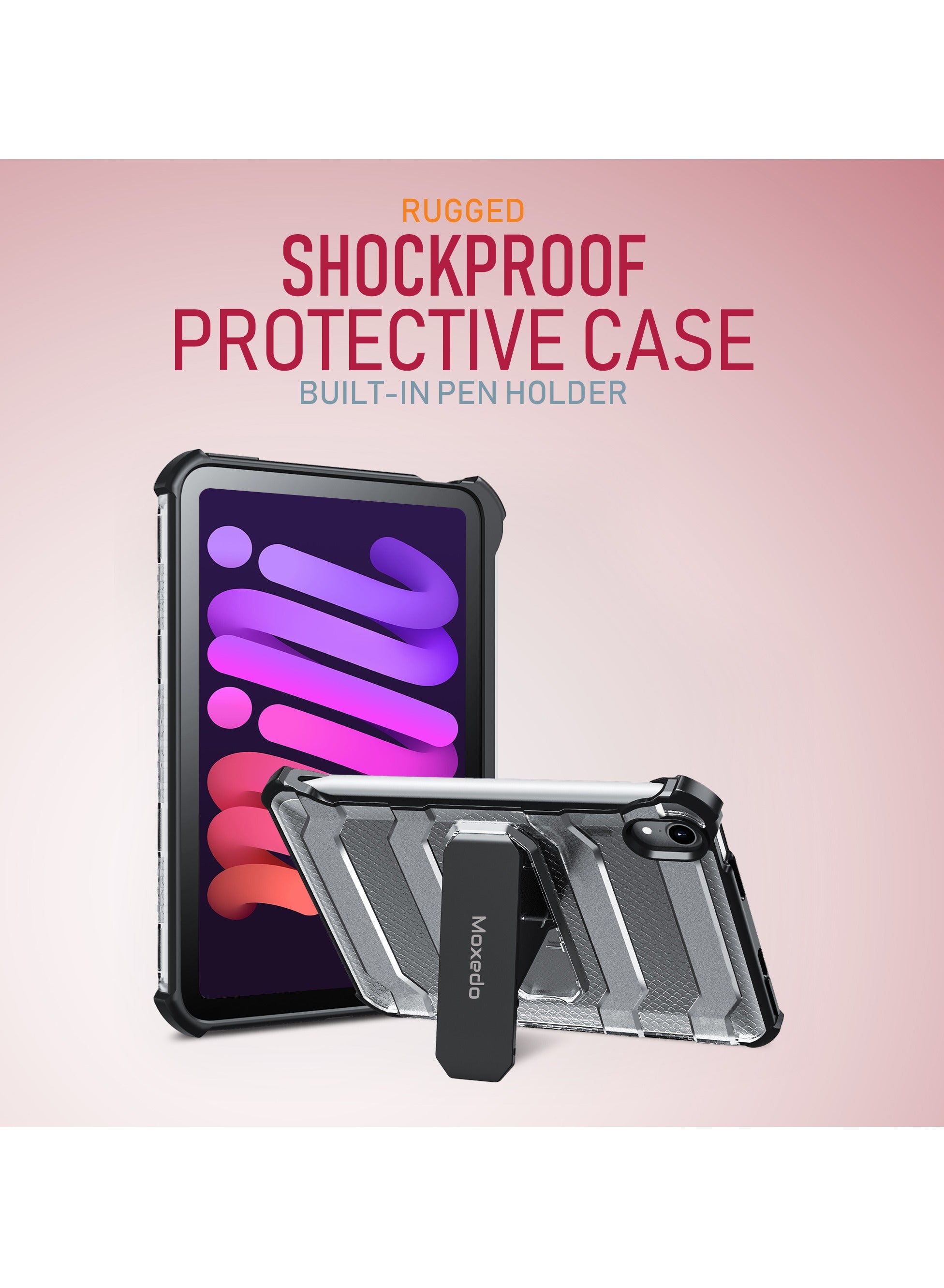 Moxedo Rugged Shockproof Protective Case Cover Hard PC Drop Protection with Kickstand Pen Holder for iPad Mini 6 2021-Black